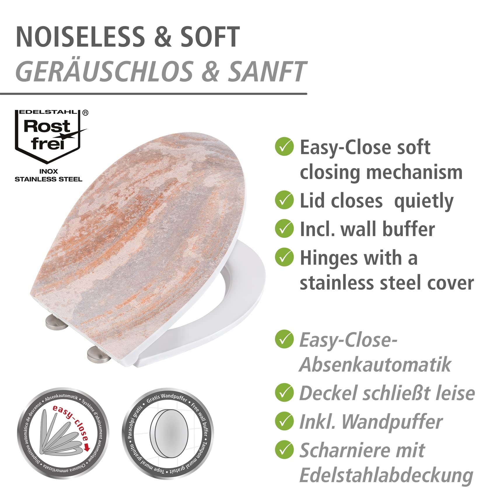 WENKO WC-Sitz Canyon, hygienischer Toilettensitz aus antibakteriellem Duroplast mit Absenkautomatik und rostfreier Fix-Clip Edelstahl Hygiene Befestigung, WC-Deckel mit Relief-Oberfläche, 38 x 44,5 cm