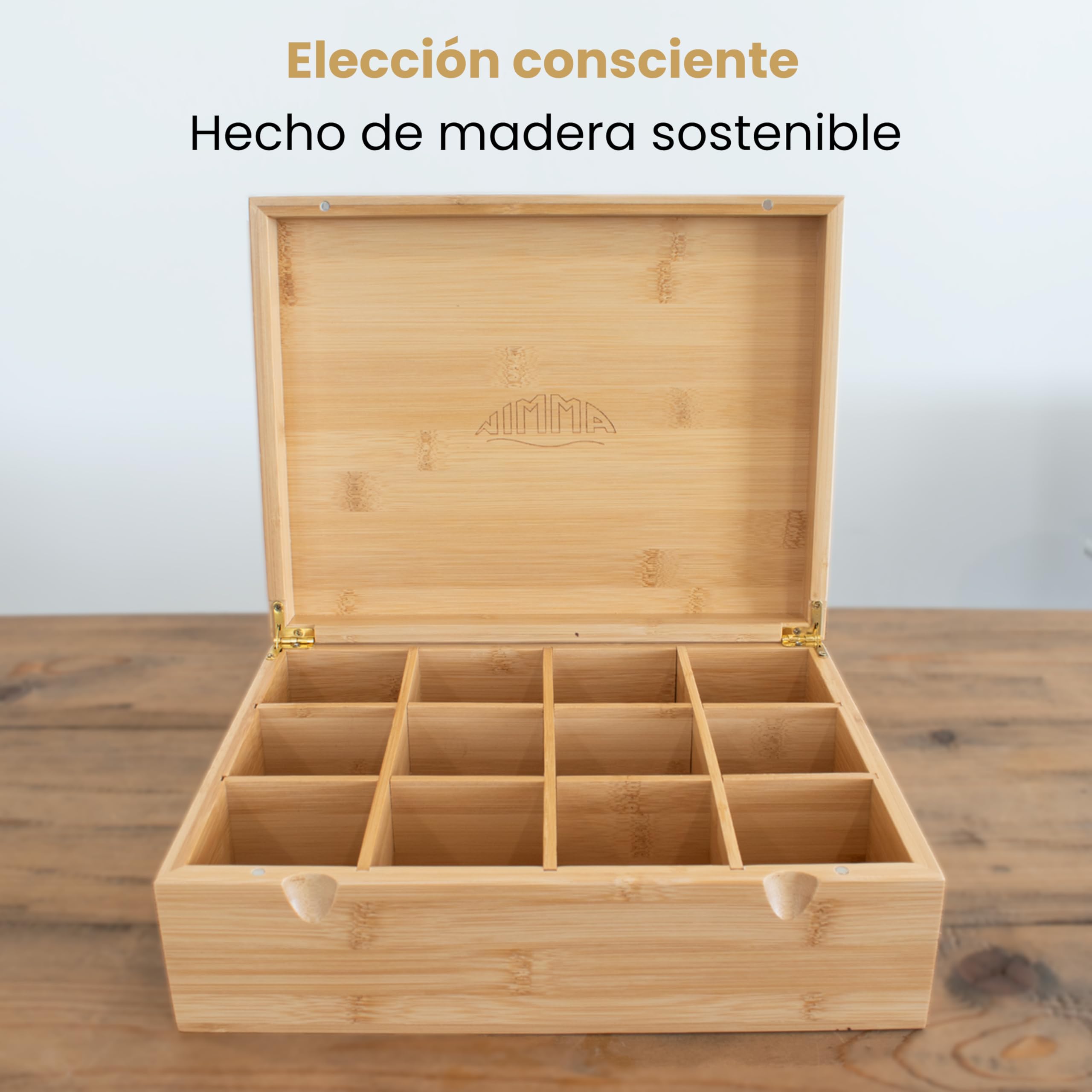 NIMMA Cajas para té – Caja de té de madera con cierre magnético – Adecuada para Pickwick, Lipton y más – Compartimentos extra grandes para bolsitas de té y té suelto (1, Marrón, 12 compartimentos)