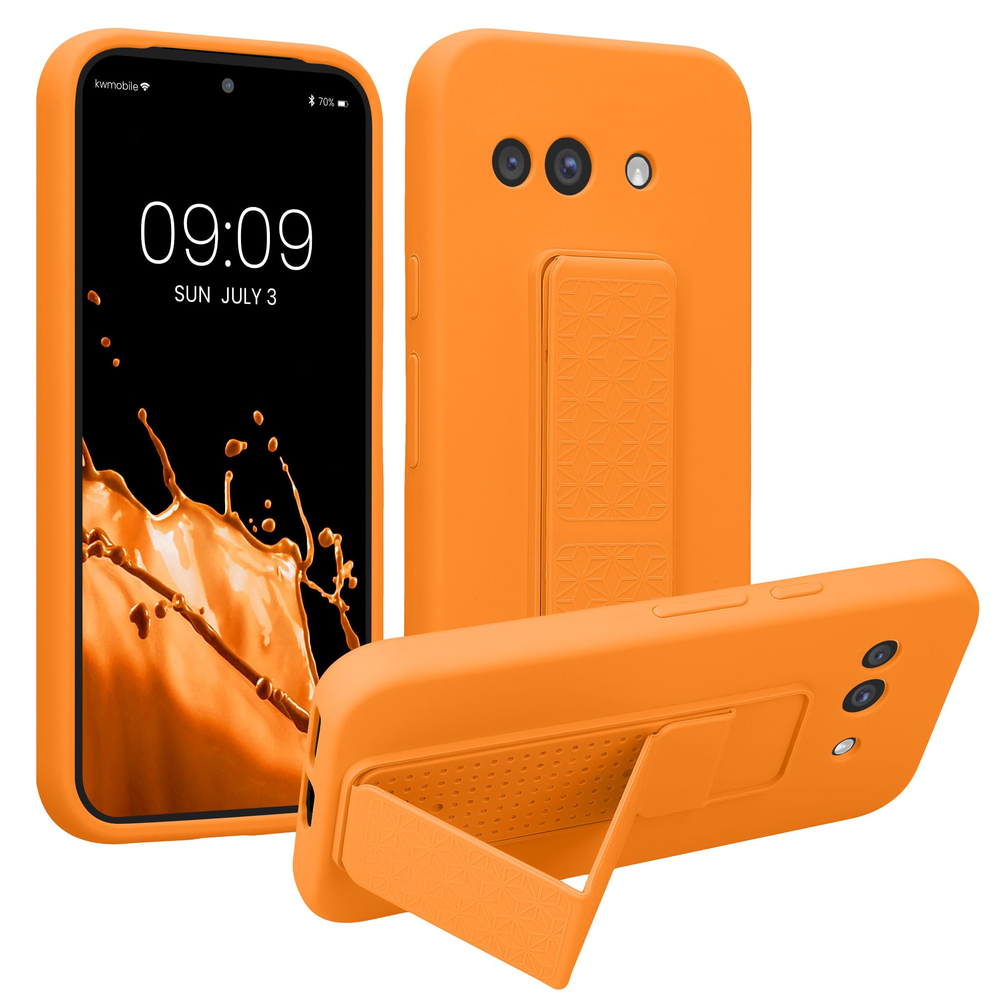 kwmobile Case Compatible with Google Pixel 9a - Case with Hand Strap and Stand Soft TPU Silicone Coating - Fruity Orange