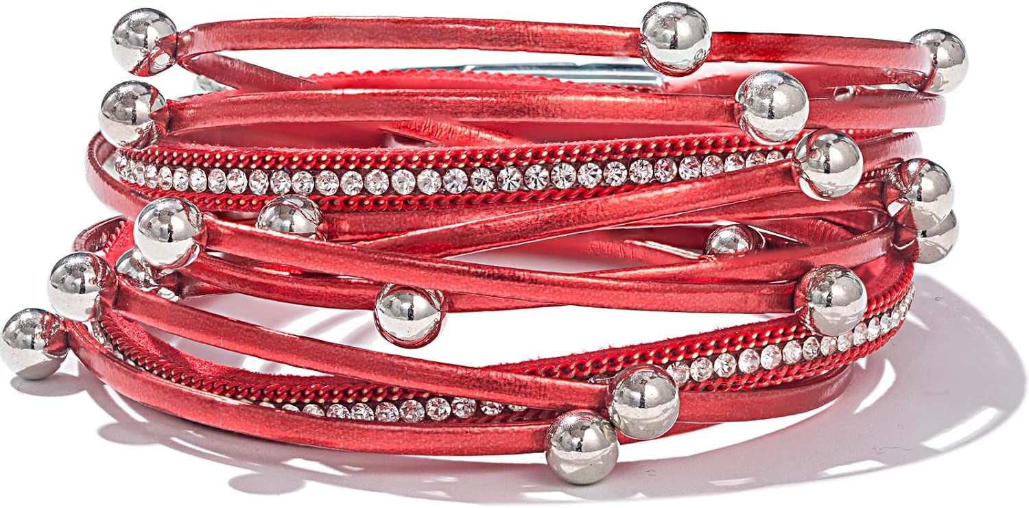 FANCY SHINY Leather Beaded Bracelet Boho Wrap Bracelets Gothic Jewelry Stackable Goth Bracelets with Magnetic Clasp