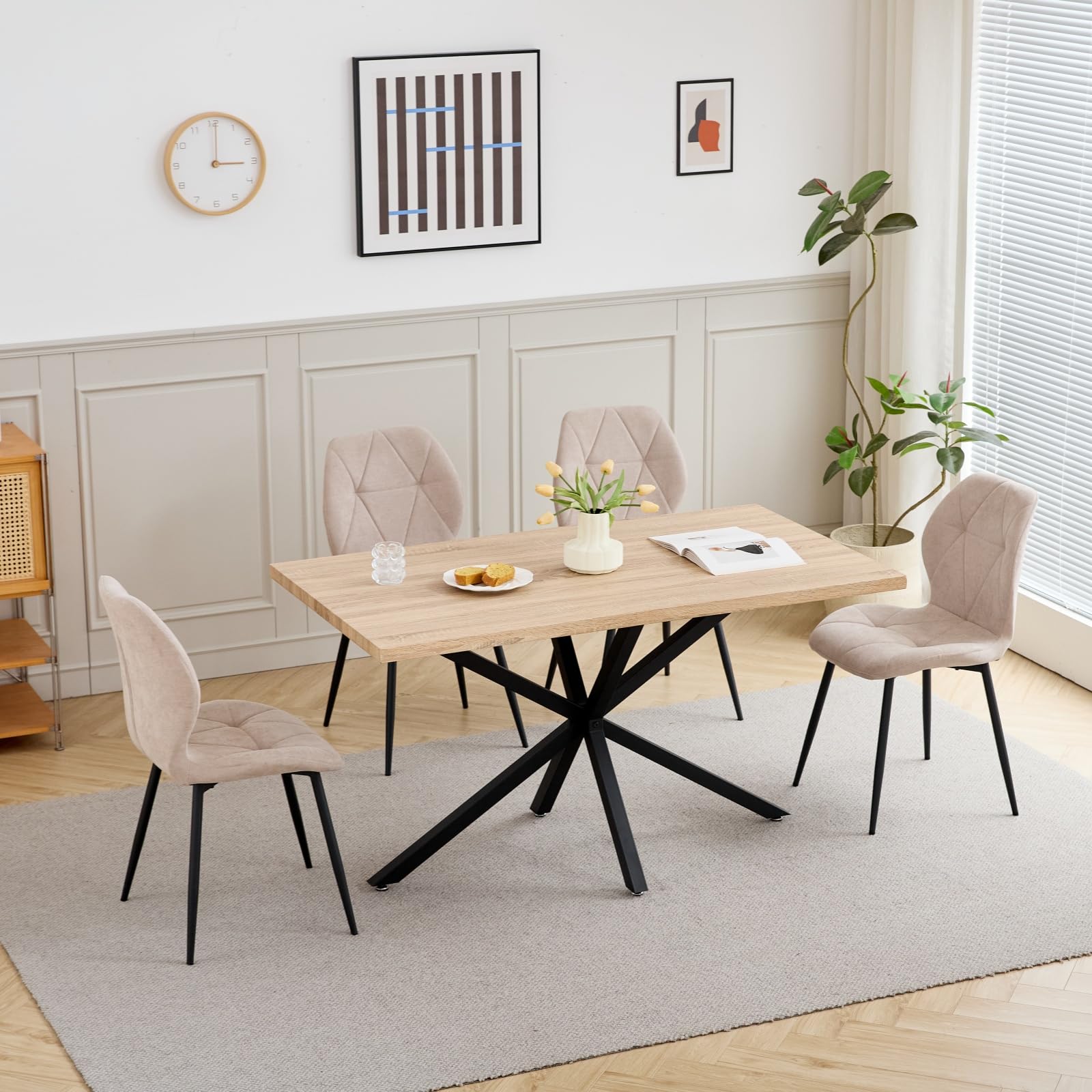 GrandCA HOME Mesa de Comedor de 140 cm, Moderna Mesa de Cocina Minimalista, Cuatro Patas de Metal, Ideal para Sala y Comedor, Marrón Claro