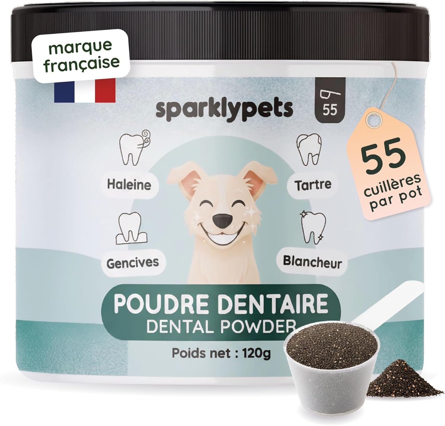 SparklyPets - Poudre Dentaire pour Chien - Nettoyant Anti-Tartre et Plaque, Blancheur Dentaire, Mauvaise Haleine, Gencives - Eucalyptus, Prébiotiques - Marque Française - 120g (55 Cuillères)