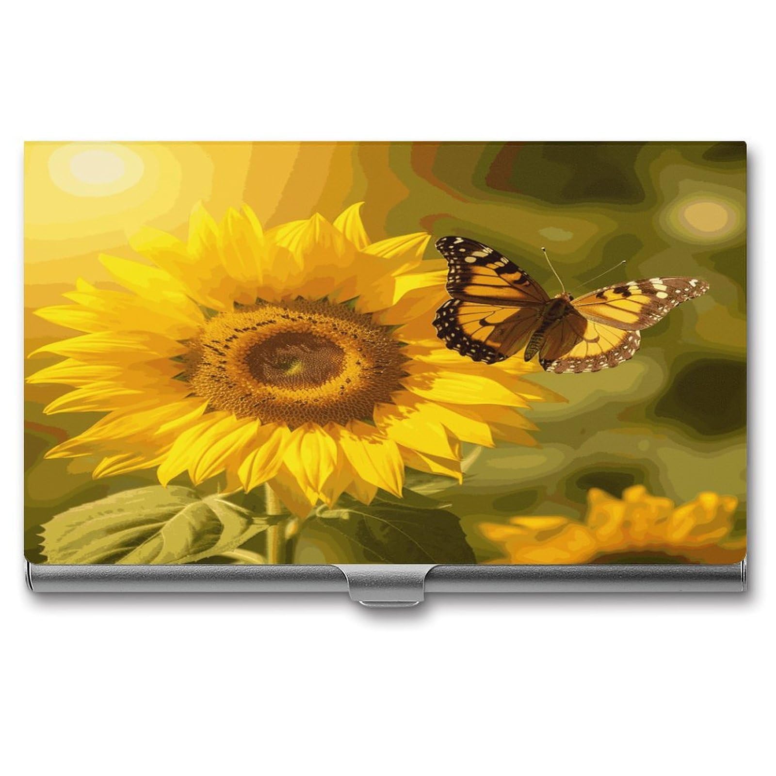LDGSUPH Sunflower Butterfly Sunny Business Card Holder Fashion Slim Name Card Holder Minimalist Design Case Metal Card Carrier Personalized Business Card Case with Flip for Men Women