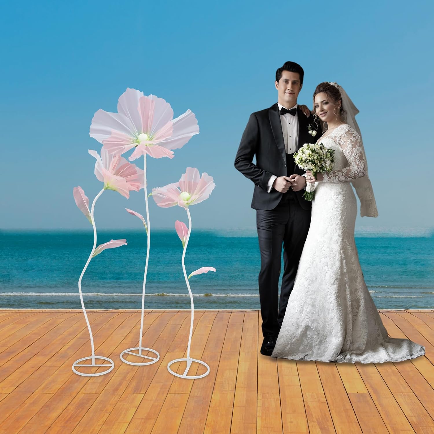 Giant Flowers,Wedding Reception Essential Decoration,Large Artificial Fake Flower with Standing Stems and Base for Birthday Party Banquet Event Reception Background Photography Decor (D Greenish Pink)