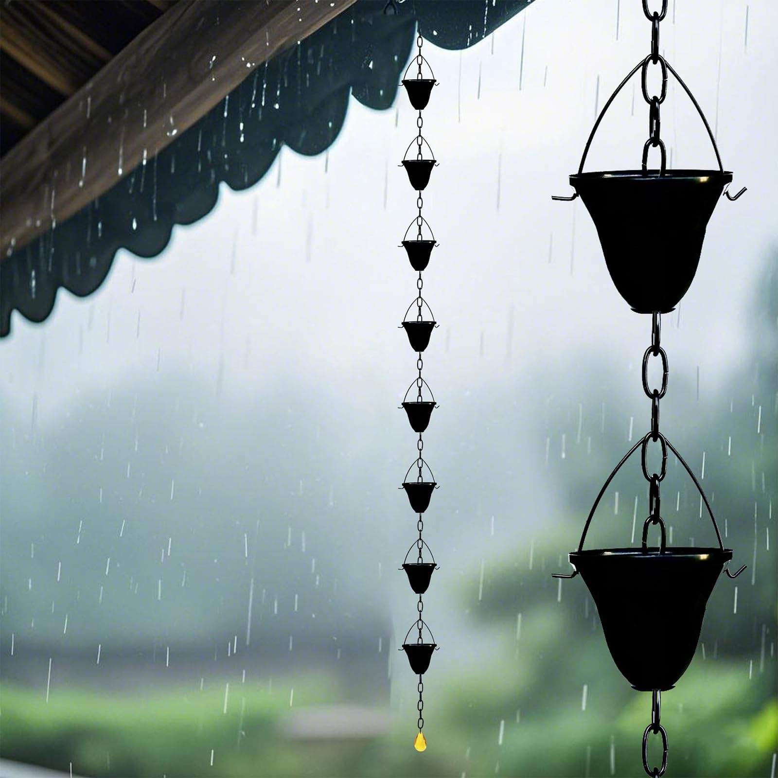 Cadena de lluvia decorativa con 5 elegantes vasos para terraza de jardín y drenaje de tejado, 121,5 cm, cadena de lluvia de metal