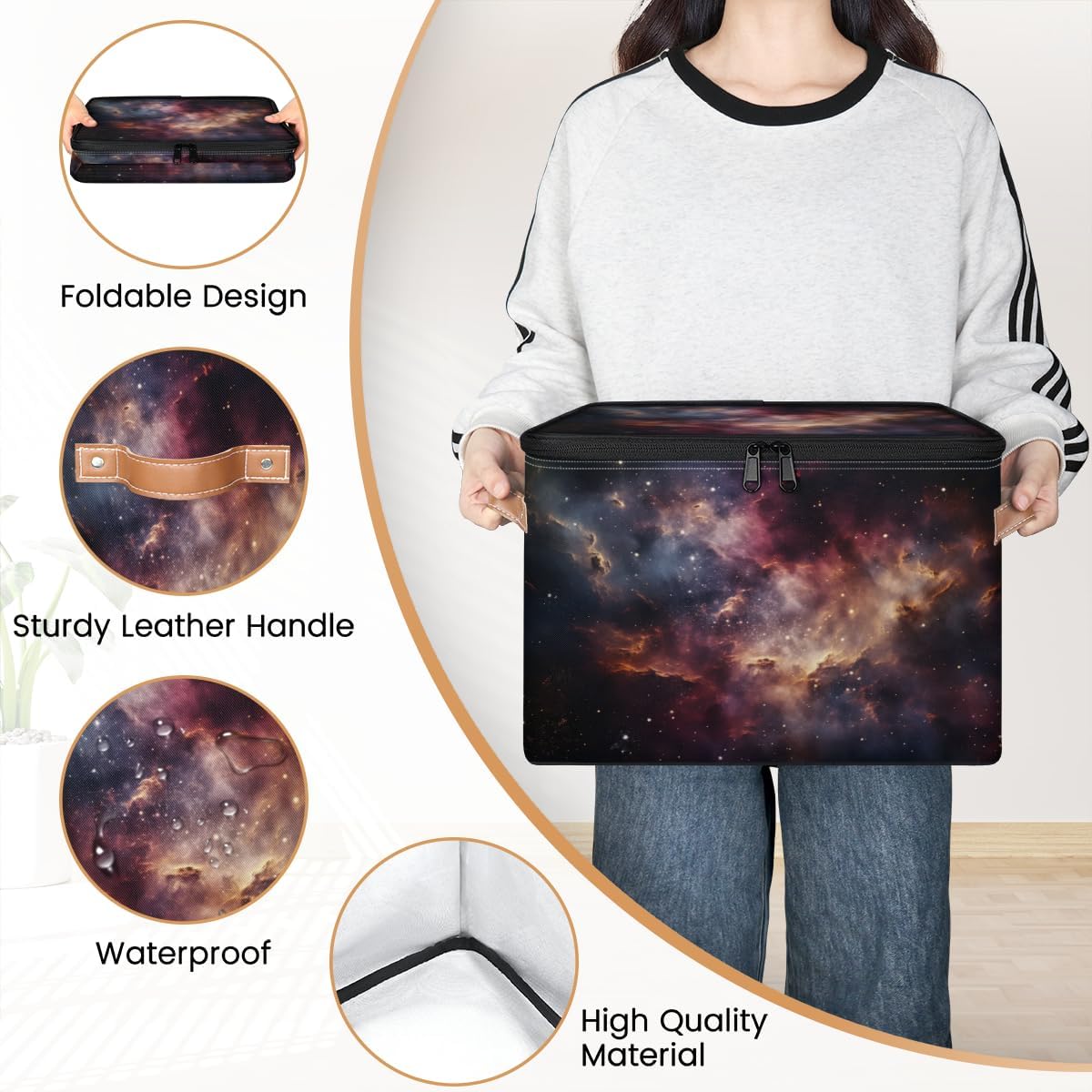 Storage Bin Set of 2 Galaxy Sky Storage Basket with Zipper Lid & Handle Foldable Closet Shelf 2 Pack Cloth Organizer Basket Cube Bins Clothes Organizer for Bedroom, Nursery