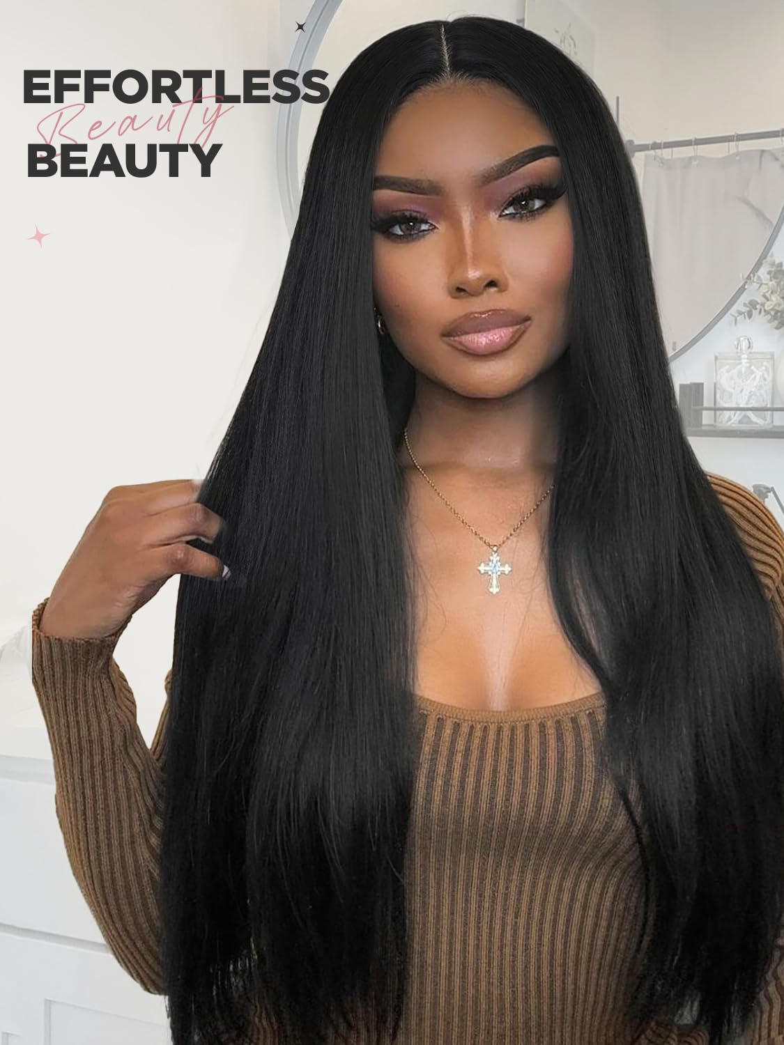 WIGRE Long Black Wigs Straight Middle Part Hair for Women Daily Use Synthetic Heat Resistant Wig for Party or Halloween Costume Full Black Wigs