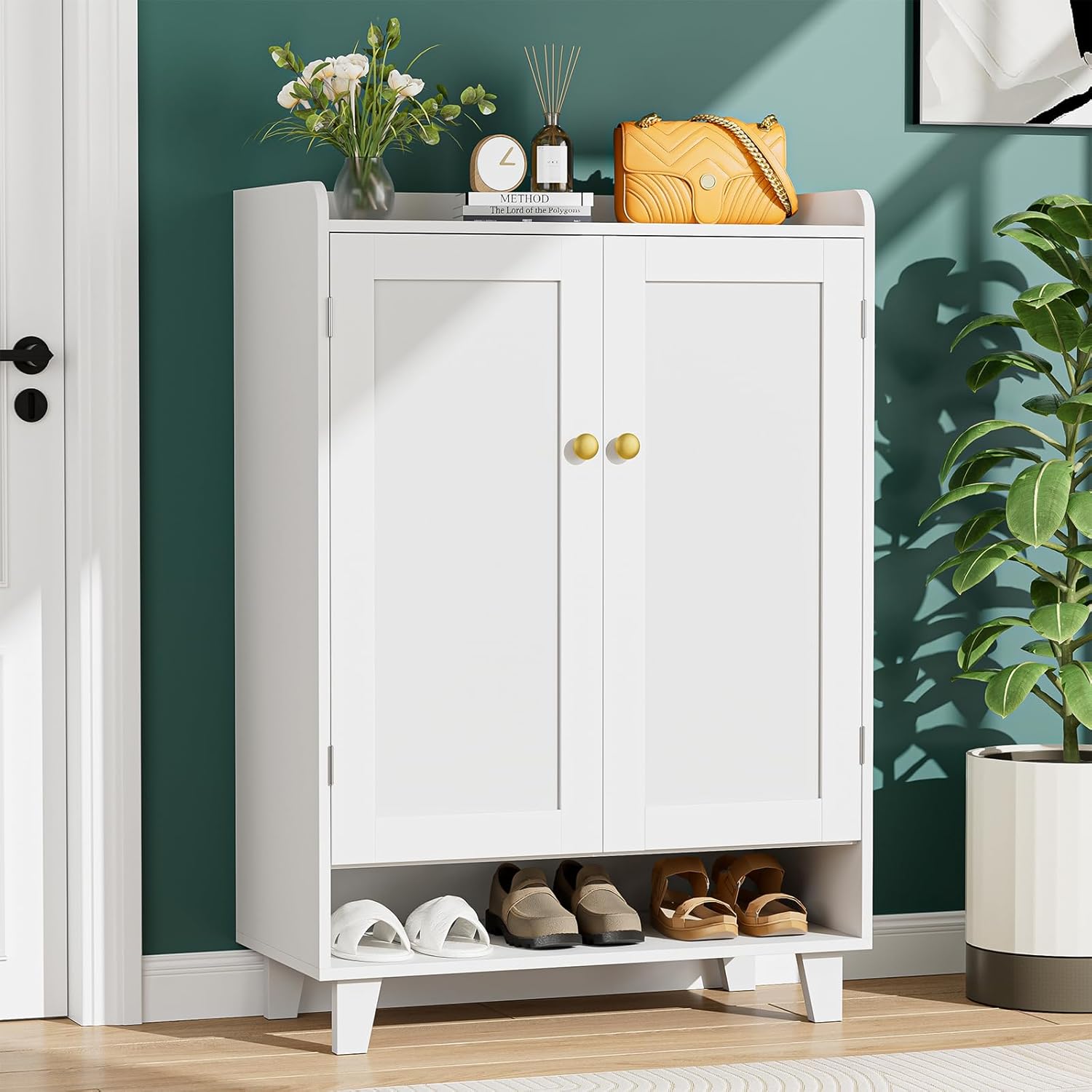 Flat-Shelf Shoe Cabinet with Doors，6-Tier Shoes Storage Cabinet with Adjustable Shelves，Wooden Shoe Rack Shoes Storage Organizer Cabinets for Entryway, Hallway, Living Room（Black）