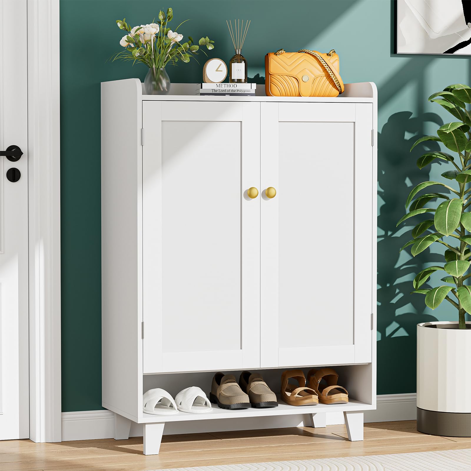 Flat-Shelf Shoe Cabinet with Doors，6-Tier Shoes Storage Cabinet with Adjustable Shelves，Wooden Shoe Rack Shoes Storage Organizer Cabinets for Entryway, Hallway, Living Room