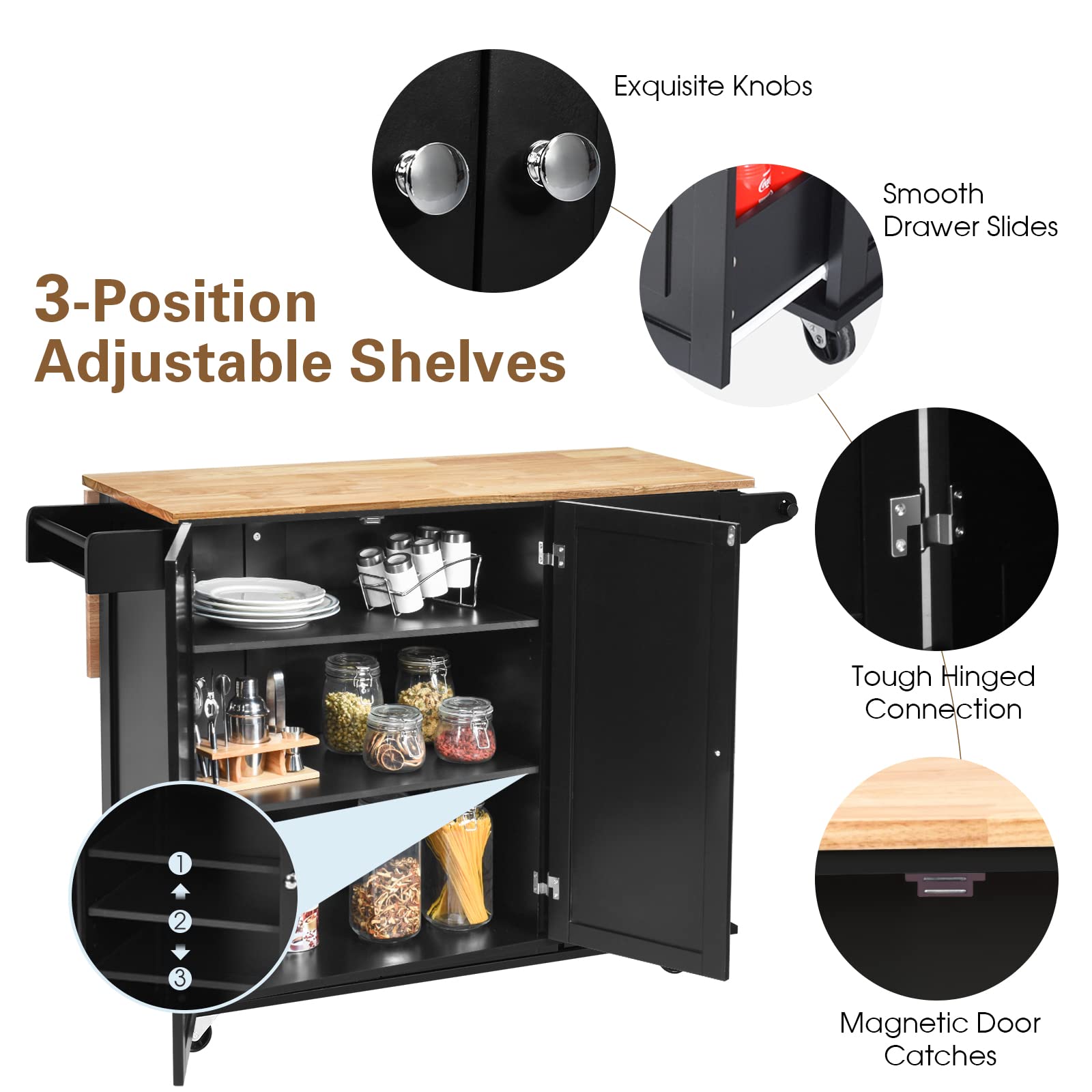 GIANTEX Carro de Cocina Plegable, Carro de Servicio, Aparador de Cocina, Mueble de Cocina de Madera, Ruedas con 2 Frenos, Tablero Plegable y 2 Estantes Ajustables, 136 x 76 x 91 cm (Negro)