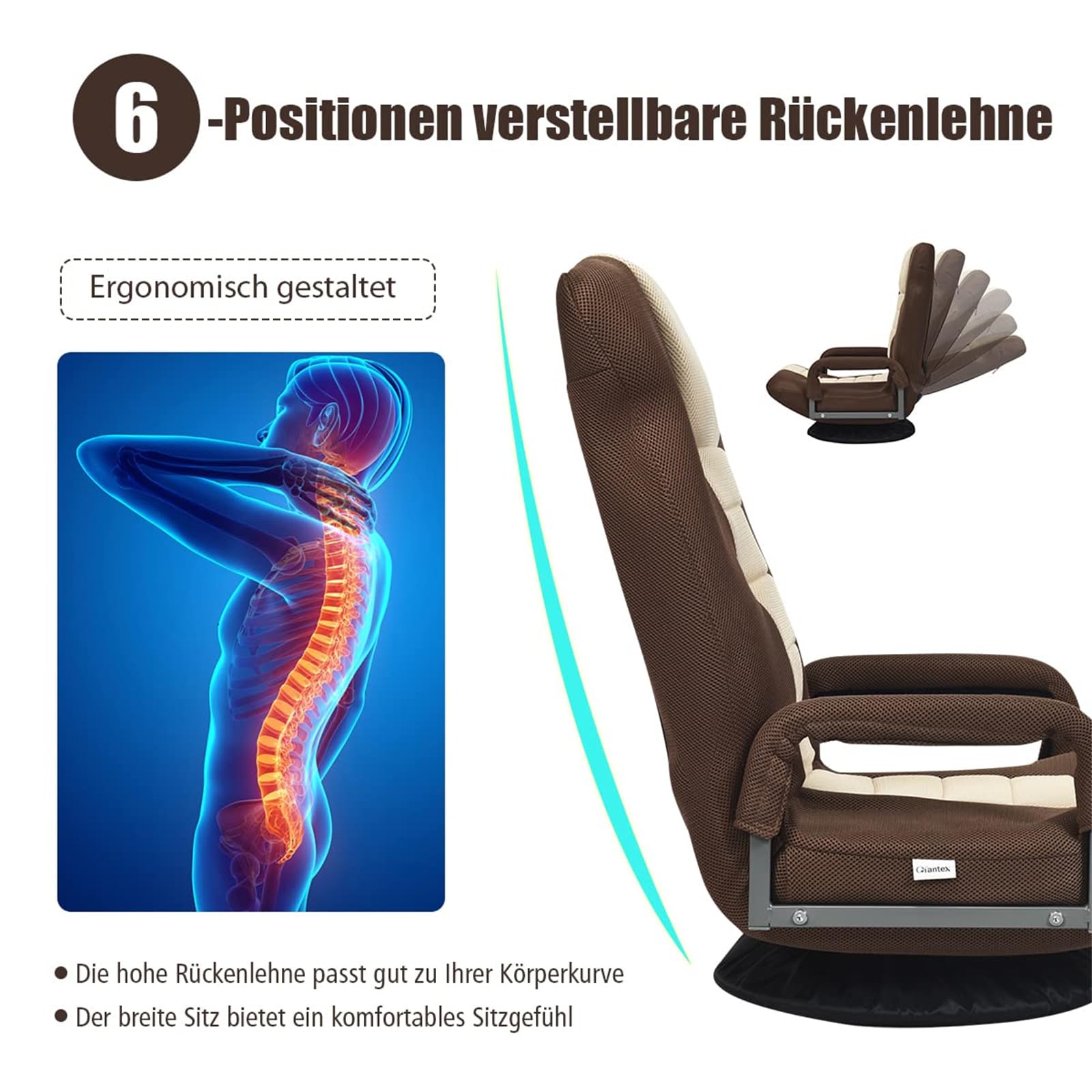 COSTWAY Bodenstuhl 360° drehbar, Bodensessel mit 6-Fach Verstellbarer Rückenlehne, Game Sessel gepolstert, Bodensofa Meditationsstuhl bis 140kg belastbar, Lazy Sofa (Braun)