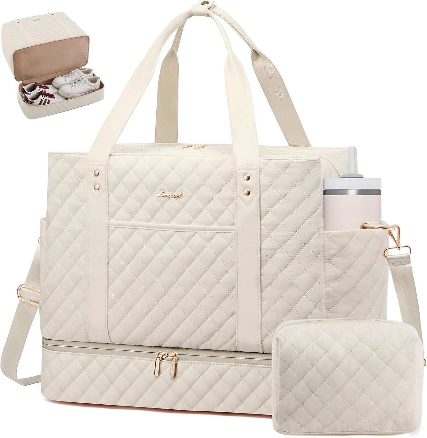 LOVEVOOK Large Travel Duffle Bag for Women, 45L Weekender Bags with Shoe Compartment & Wet Pocket, Quilted Carry On Personal Item Bag, Overnight Hospital Bags for Labor Delivery Beige