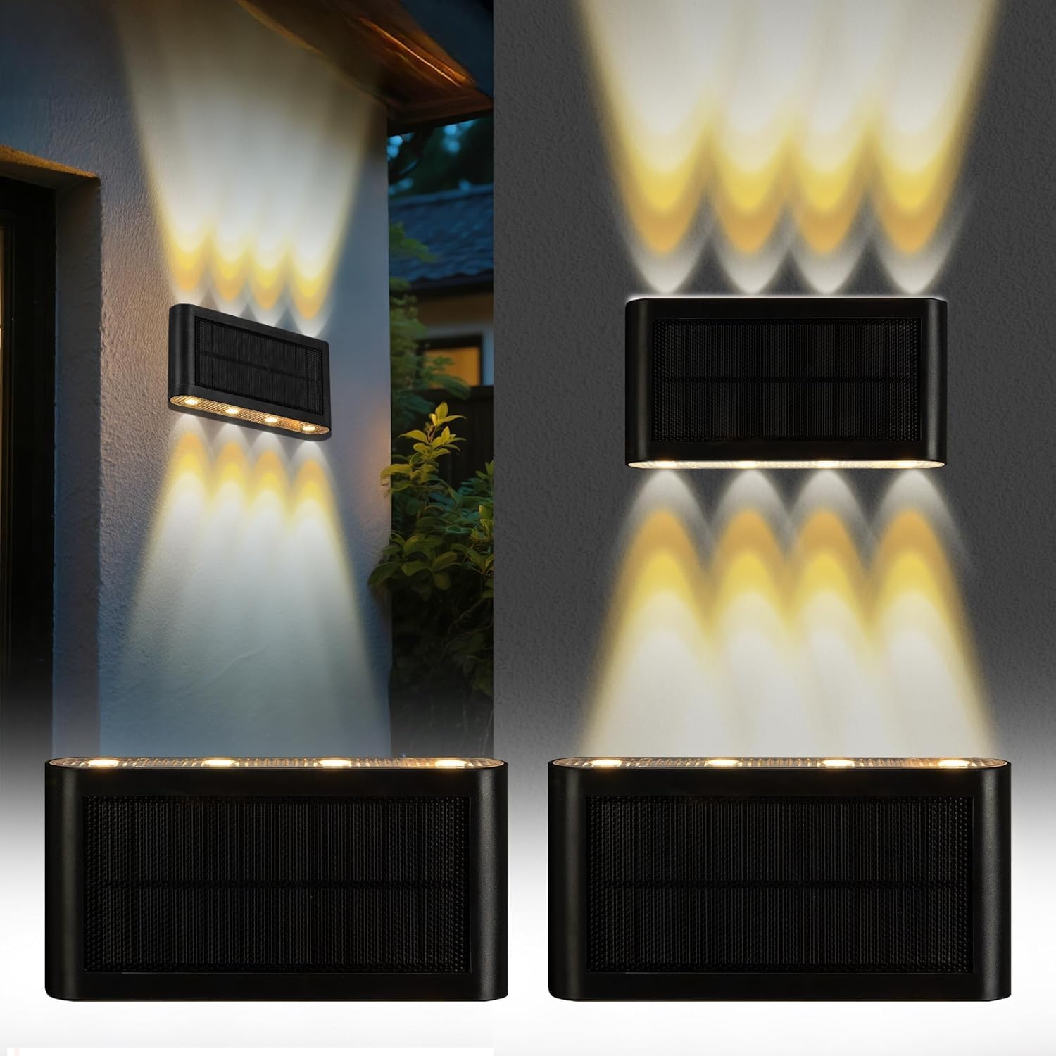pearlstar 2 Pack Solar Wall Lights Outdoor Waterproof Up and Down Wall Sconce 3000k Warm White Solar Lights for Outside Exterior Yard Fence Garage Porch
