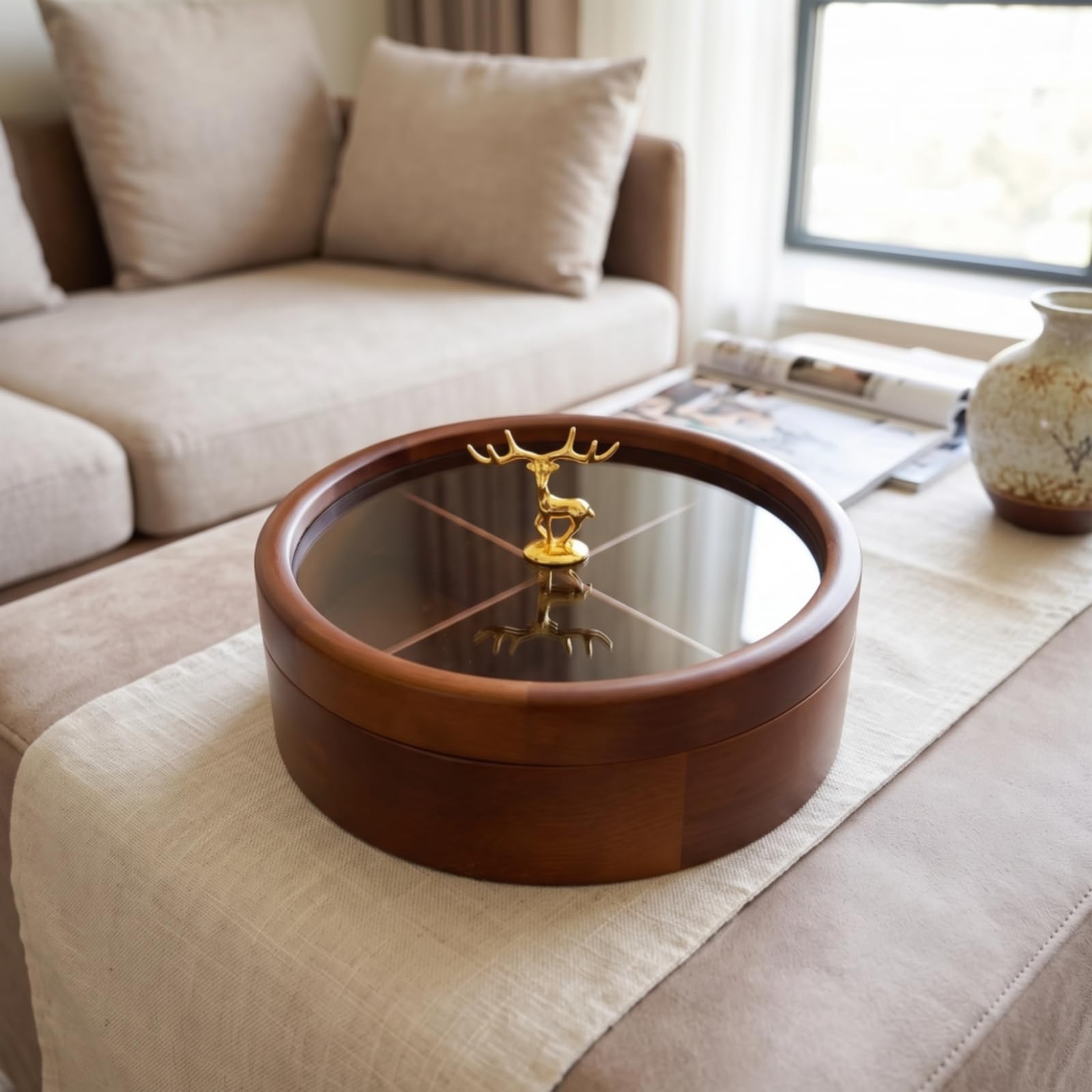 Scatola Rotonda in Legno con Coperchio Trasparente Maniglia Dorata Vassoio Diviso Contenitore Dolcetti Multi Scomparto, Moderno Minimalista, Design A Cinque Scomparti