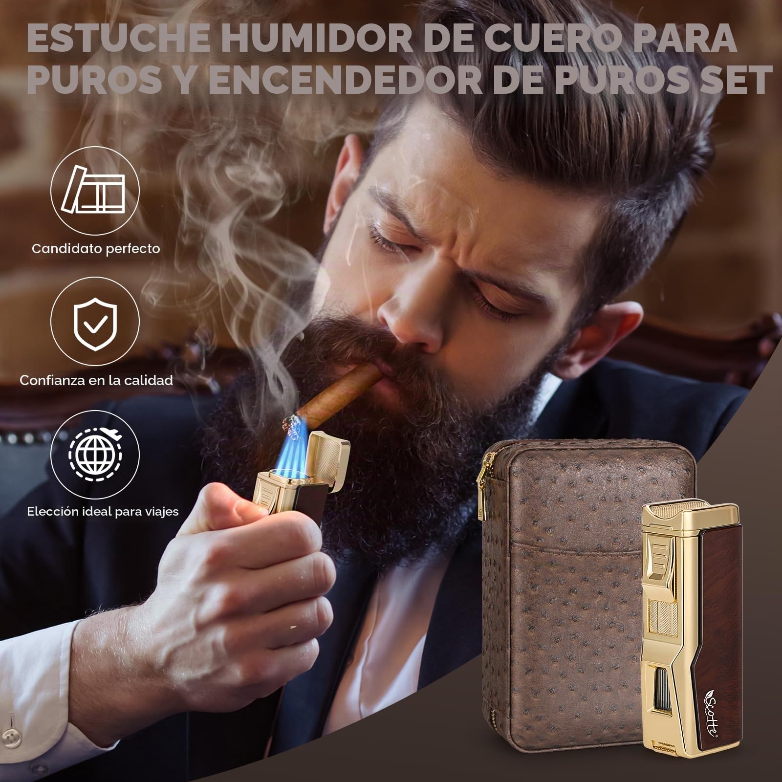 Scotte Cajas de Puros, encendedores de Puros, Cajas de Puros de Cuero con humidificadores e higrómetros, encendedores de butano con Punzones para Puros, portapuros (sin butano)