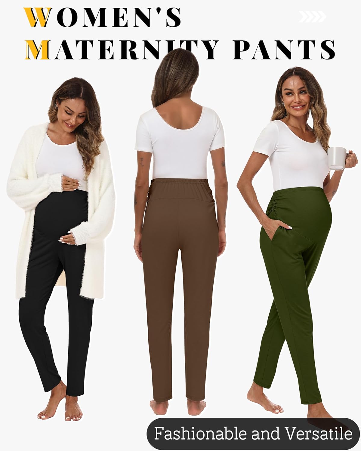 3 Pack Women's Maternity Pants Pregnancy Leggings Over The Belly Wide Waist Pant Pocket Ruched Work Casual Trouser(Army Green, Coffee, Black,Large) - Image 3