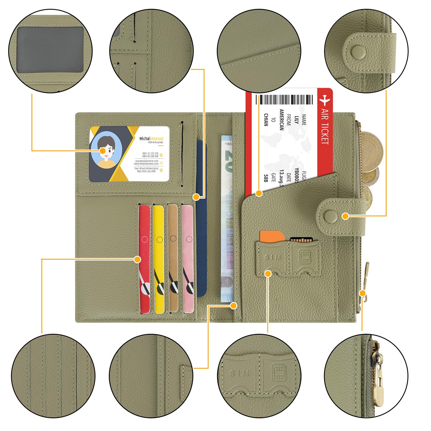 WASON Étui de Passeport Cuir Portefeuille Voyage Blocage RFID, Emplacement Passeport avec Poche à Fermeture éclair pour Carte d'identité Carte d'embarquement Billet Carte SD Essentiels Voyage (Vert)