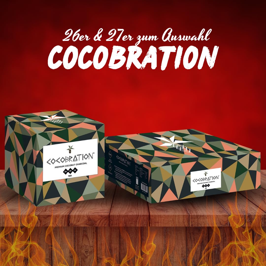 Cocobration Premium Shisha Kohle Kokoskohle Naturkohle Kokosnuss und BBQ Kokos Coal Briketts für Wasserpfeife & Grill Würfel Kohlen & Grillkohle mit Langer Brenndauer (26er, 20kg)
