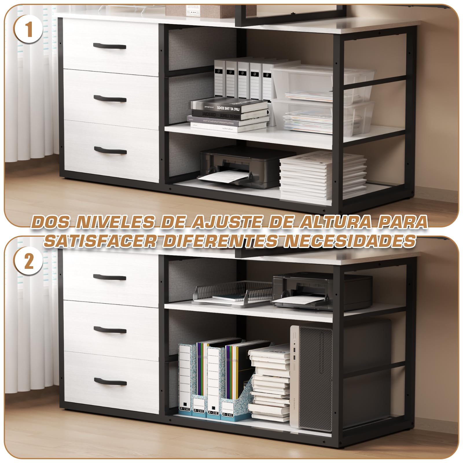 TRIUMPHKEY 140x105cm Escritorio Esquinero Reversible,Mesa de Ordenador con 3 Cajón,Estante de Almacenamiento,Escritorio en L con 2 Puerto de Carga USB y 2 Toma de Corriente para Oficina en Casa Gris