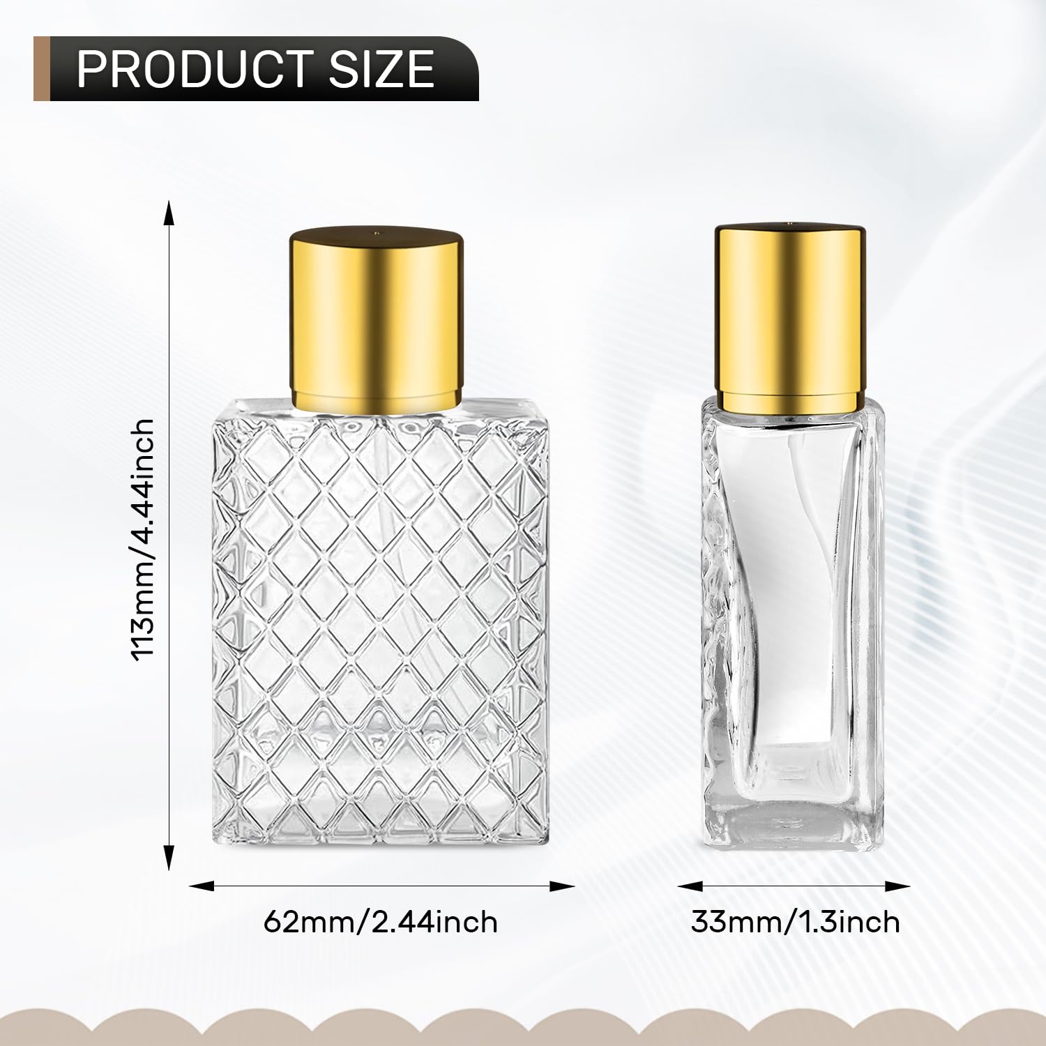 Szklane butelki z rozpylaczem do perfum ze złotą pokrywką, pusta, kwadratowa, drobna mgiełka, do wielokrotnego napełniania, do wody, alkoholu, tonera, olejków eterycznych, 2 pipetek, 2 lejków