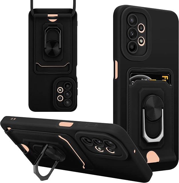 iPEAK Cross body Case for Samsung Galaxy A23 5G Phone Silicone Card Holder Adjustable Strap Cord Lanyard Shockproof Protective Cover for Galaxy A23 5G (Black)