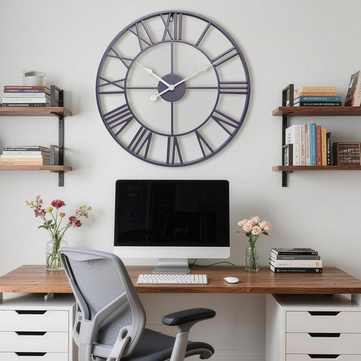 14 Inch Large Wall Clock, Modern Decorative Slate Gray Metal Silent Battery Operated Big Roman Numeral Wall Clock for Living Room,Bedroom,Kitchen,Office, Farmhouse,Housewarming Gift