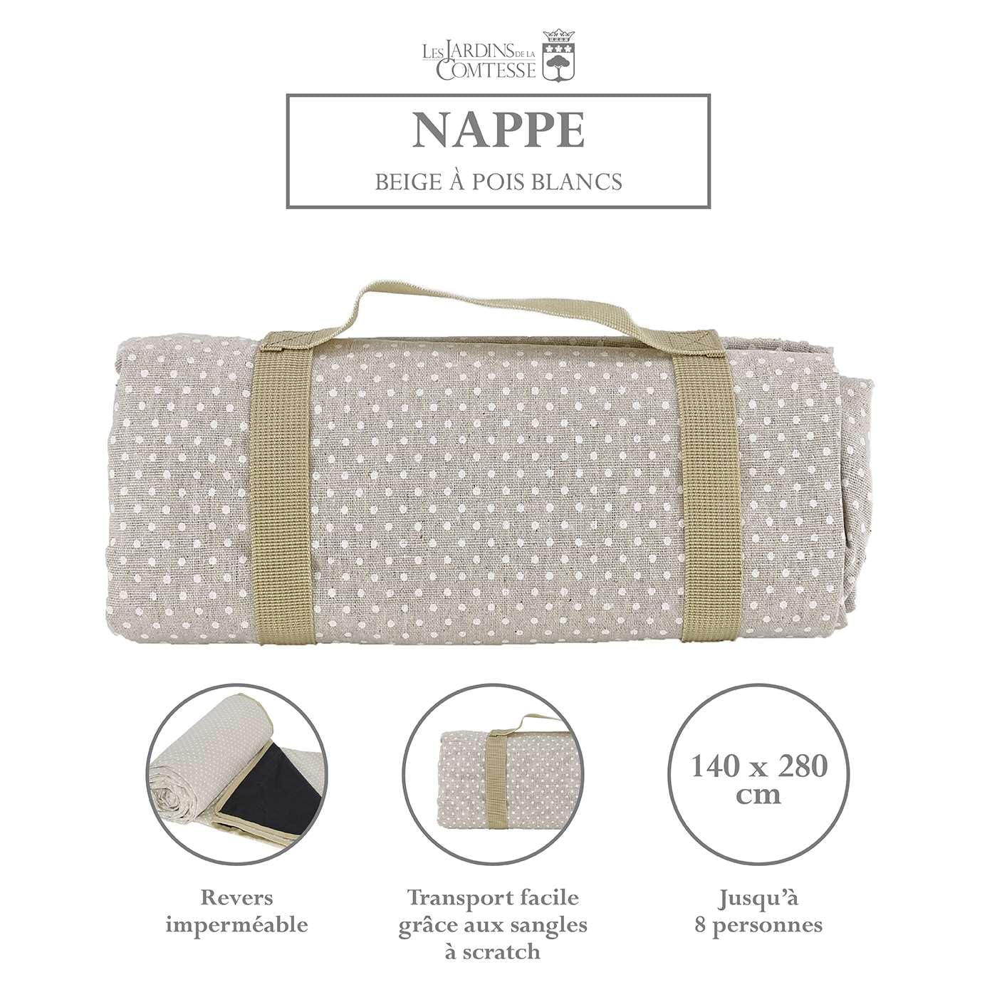 Les Jardins de la Comtesse - Nappe Pique Nique Rectangulaire XL “ Beige à Pois Blancs “ - Coton et Revers Imperméable Polyester - 280x140 cm - Aussi pour Table de Jardin - 8/12 Personnes