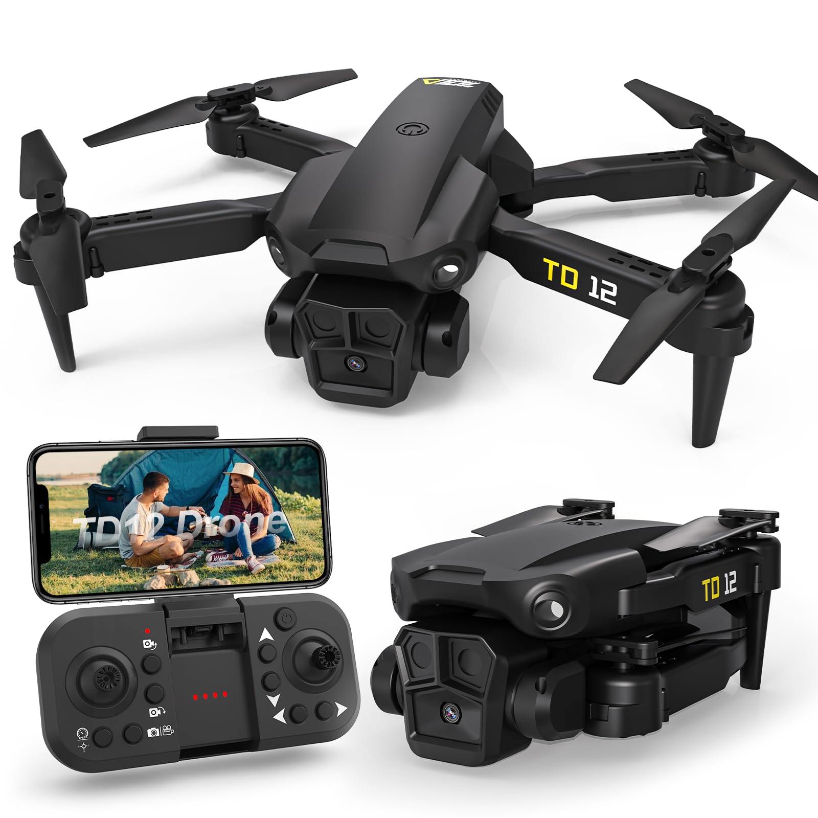 Toladrone Drone con Telecamera, Mini Drone con Telecamera per Principianti Droni con 2 Telecamere, Capovolgimento a 360°, Drone FPV Pieghevoli Quadcopter RC con 2 Batterie TD12 Drone