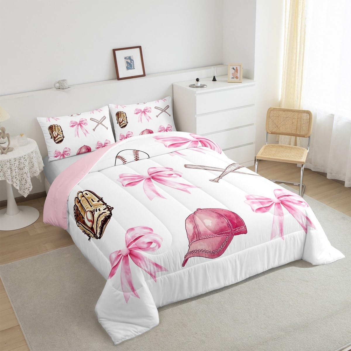 Castle Fairy Baseball Girls Toddler Bedding Set,Pink Bow Sport Lover Comforter Bed Set Teens Women Bedroom Decor,Cartoon Ball Hat Glove Quilt Set 2 PCS,Pink White Kids Duvet Insert,1 Pillow Case