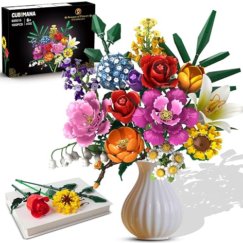 CUBIMANA Flower Bouquet Building Set, 1043 PCS Bouquet Botanicals Collection Gift for Valentine's Day for Her and Him, 15 Artificial Flowers Building Blocks Home Plant Decor for Adults Women Birthday