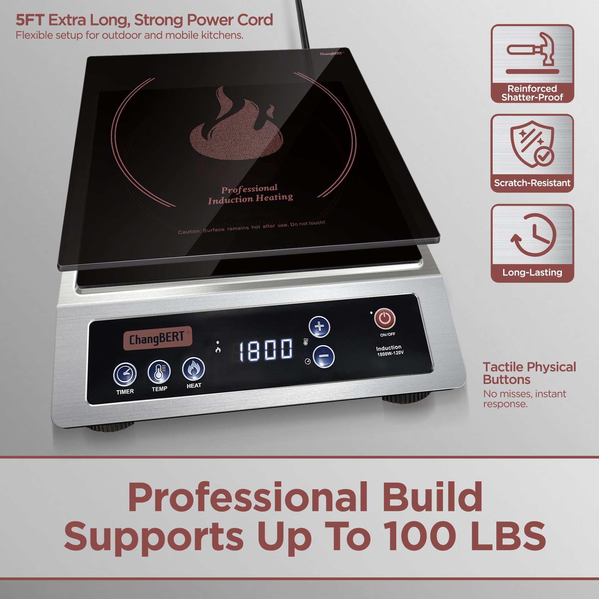 ChangBERT Professional Induction Cooktop, NSF Certified Countertop Burner, Large Coil for Even Heating, Precise Temperature Control, 10 Hours Timer, 1800W Powerful Hot Plate for Home & Commercial Use