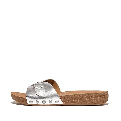FitFlop Iqushion Adjustable Buckle Metallic Leather Slides Women
