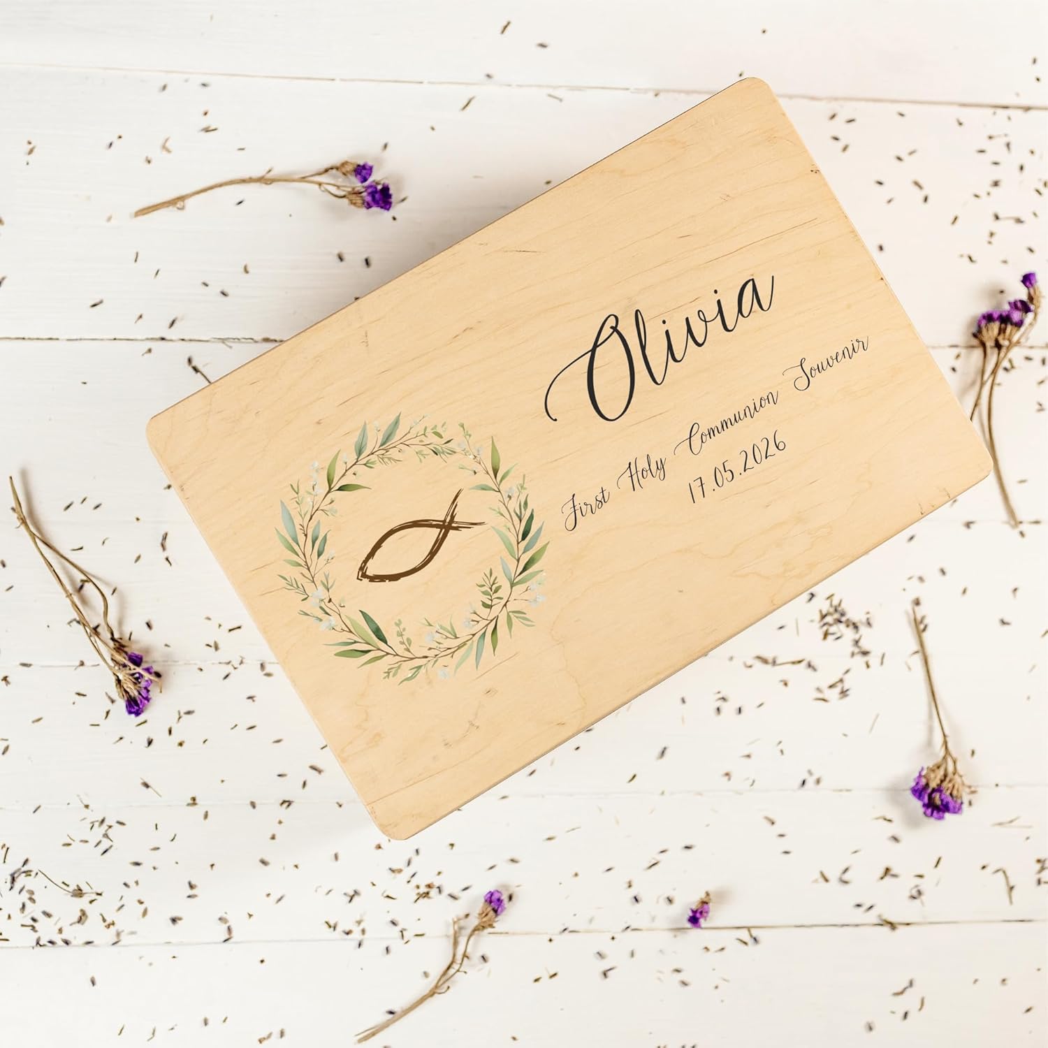Personalized Wooden Storage Box Communion | 11.8 x 7.87 x 5.51 in (+-0.5) | Minimalistic | Hinged Lid Handle Engraving | Unpainted Gift Box | UNSANDED Keepsake Souvenir Chest