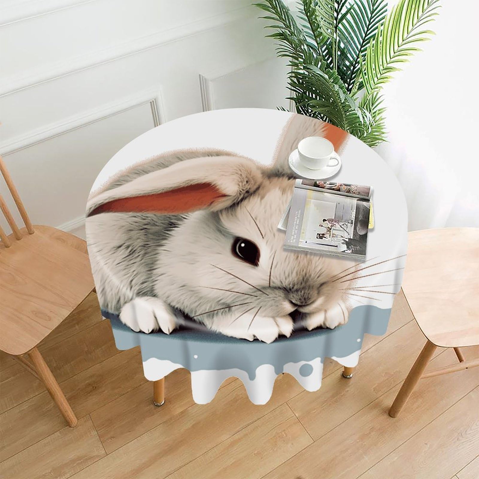 FekiLoot Round Cry Rabbit Tablecloth Decorative Fabric Table Cloth Wrinkle Free Circle Dining Tablecover Washable Polyester Table Cover for Holiday Dinner Party Decor 60"