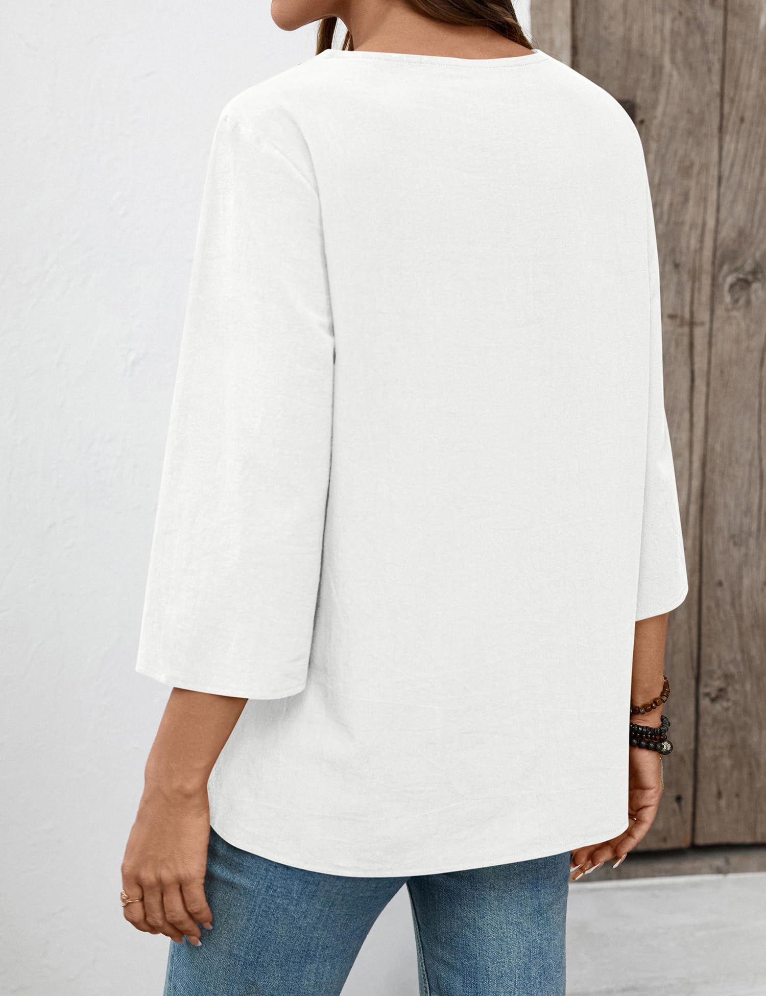 Rapbin Blusa para mujer, manga 3/4, elegante, cuello en V, algodón, encaje, camiseta informal, holgada, túnica