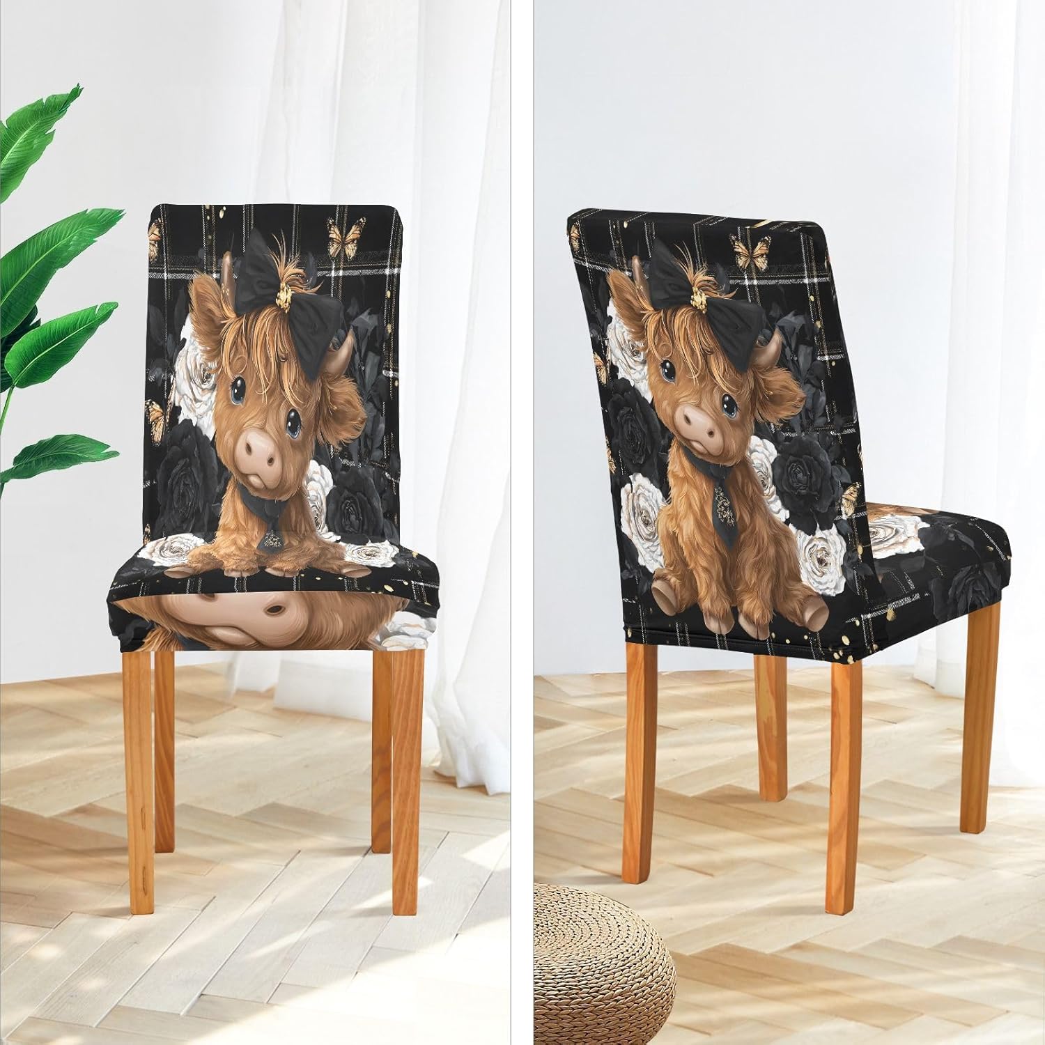ALAZA Chair Covers for Dining Room, Highland Cow Rose Butterfly Stretch Chair Cover Sets Chair Protector Removable Washable for Ktichen Restaurant Hotel