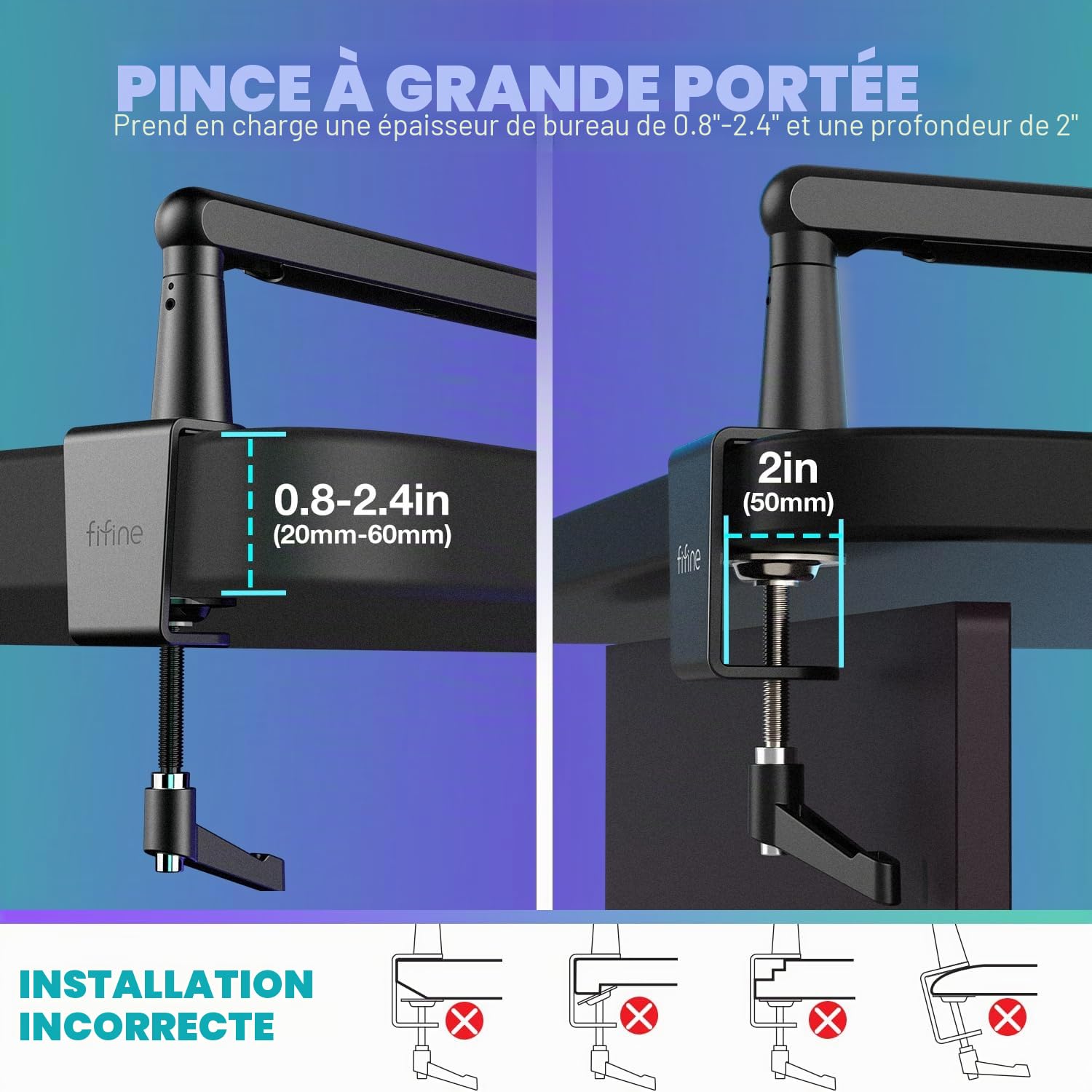 FIFINE BM88 Bras de microphone avec pince de fixation de bureau, adaptateur à vis, gestion des câbles, support de microphone à suspension pour microphone perche, pour podcast, streaming, studio de jeu