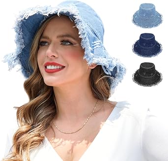 Jean Bucket Hats for Women,Girls Denim Every Day Hat,Frayed Bucket Hat,Trendy Outdoor Summer HatBlue/Black