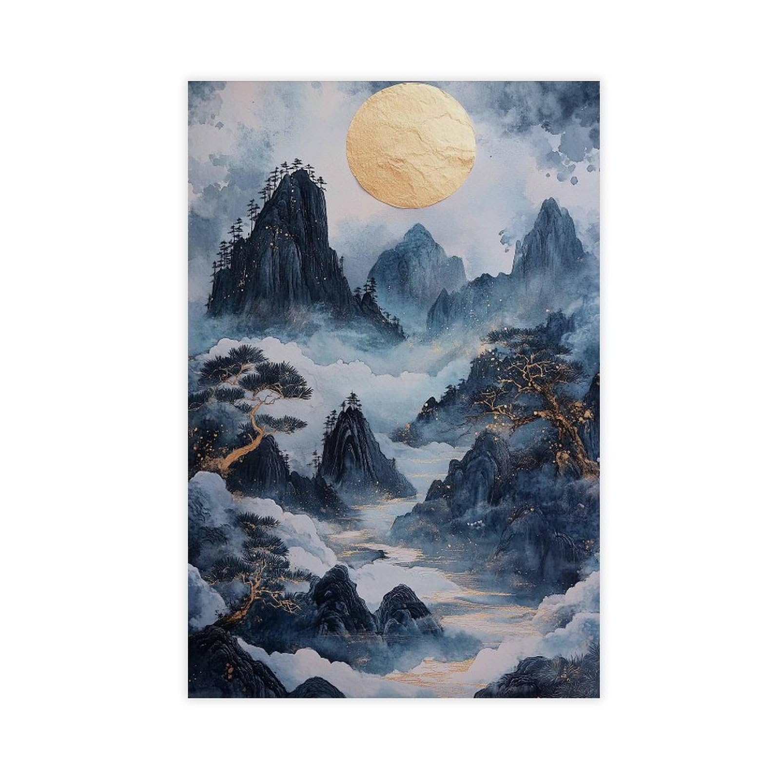 Bareronor Golden Moon Mountain Japanese Canvas Poster Bedroom Decor Landscape Office Room Decor Gift 24" L X 36" W