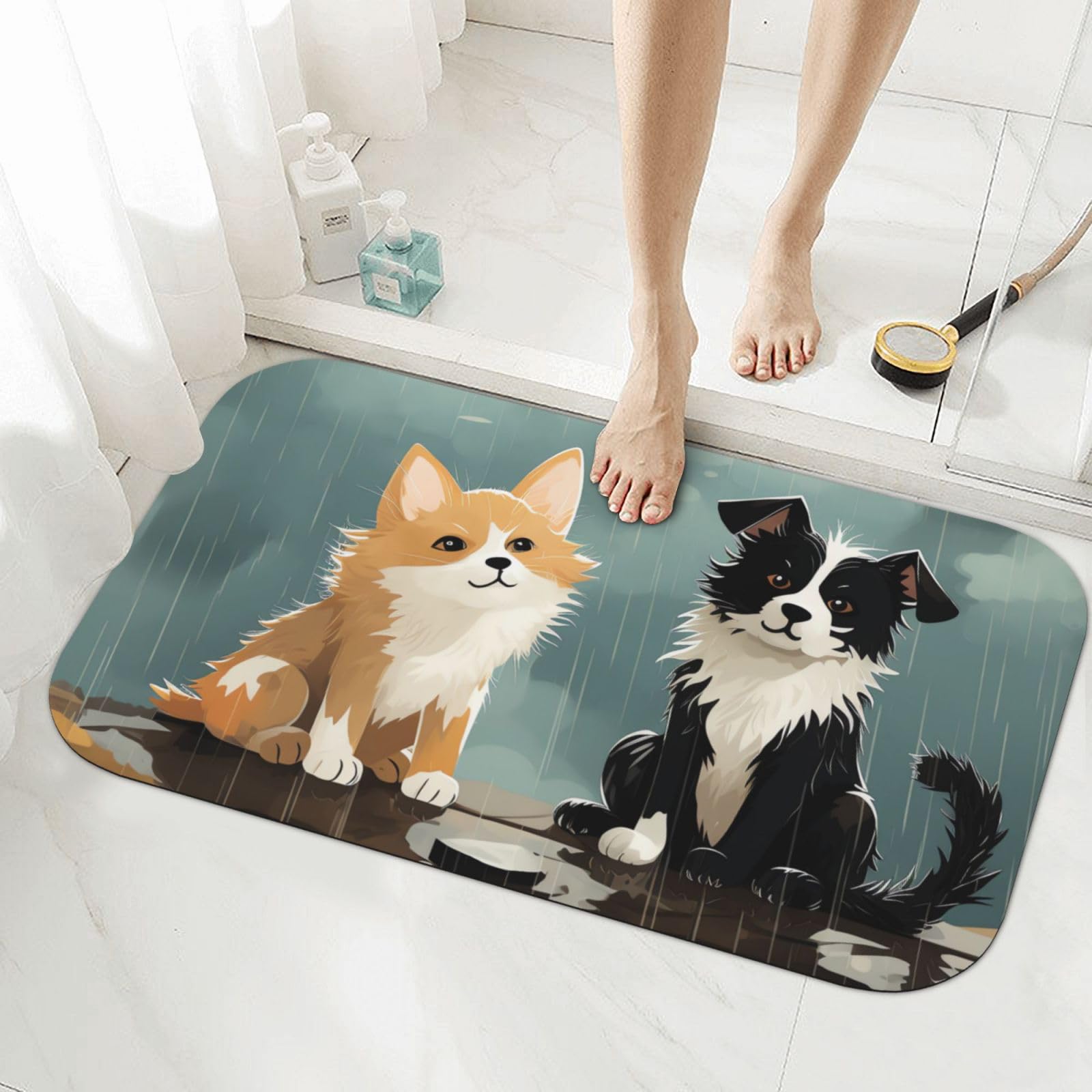 Tapis de bain en terre de diatomée 50x80 cm motif chat et chien pour douche et baignoire