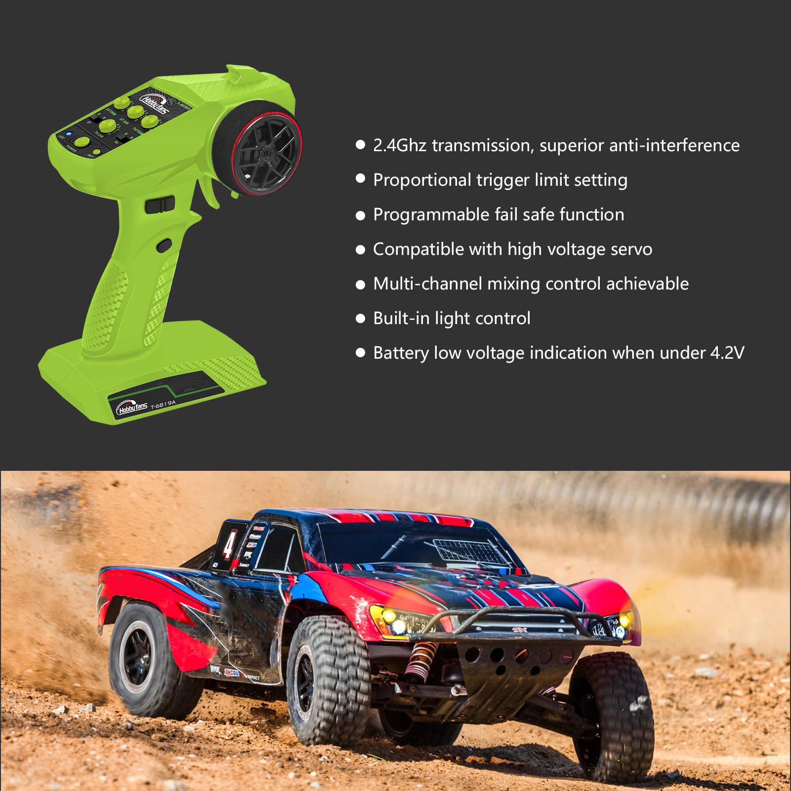 Sistema de radio RC 4CH 2.4G Transmisor RC con receptor y cordón, control remoto antiatascos para coche RC Crawler Boat, verde y negro