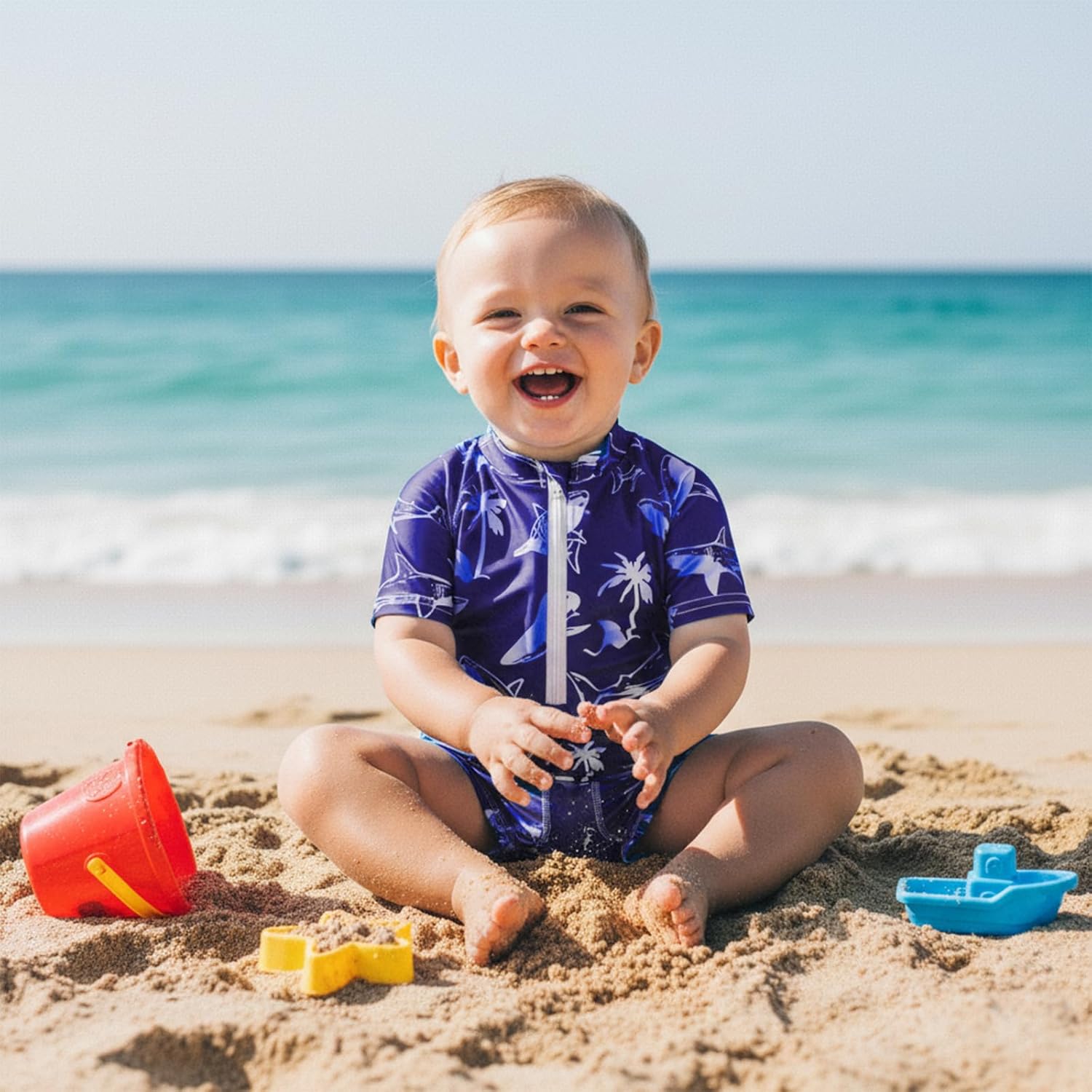 Toddler Baby Boys Swimsuit One Piece Rash Guard Bathing Suit Sun Protection Short Sleeve Zipper Beach Shark Swimwear - Image 3