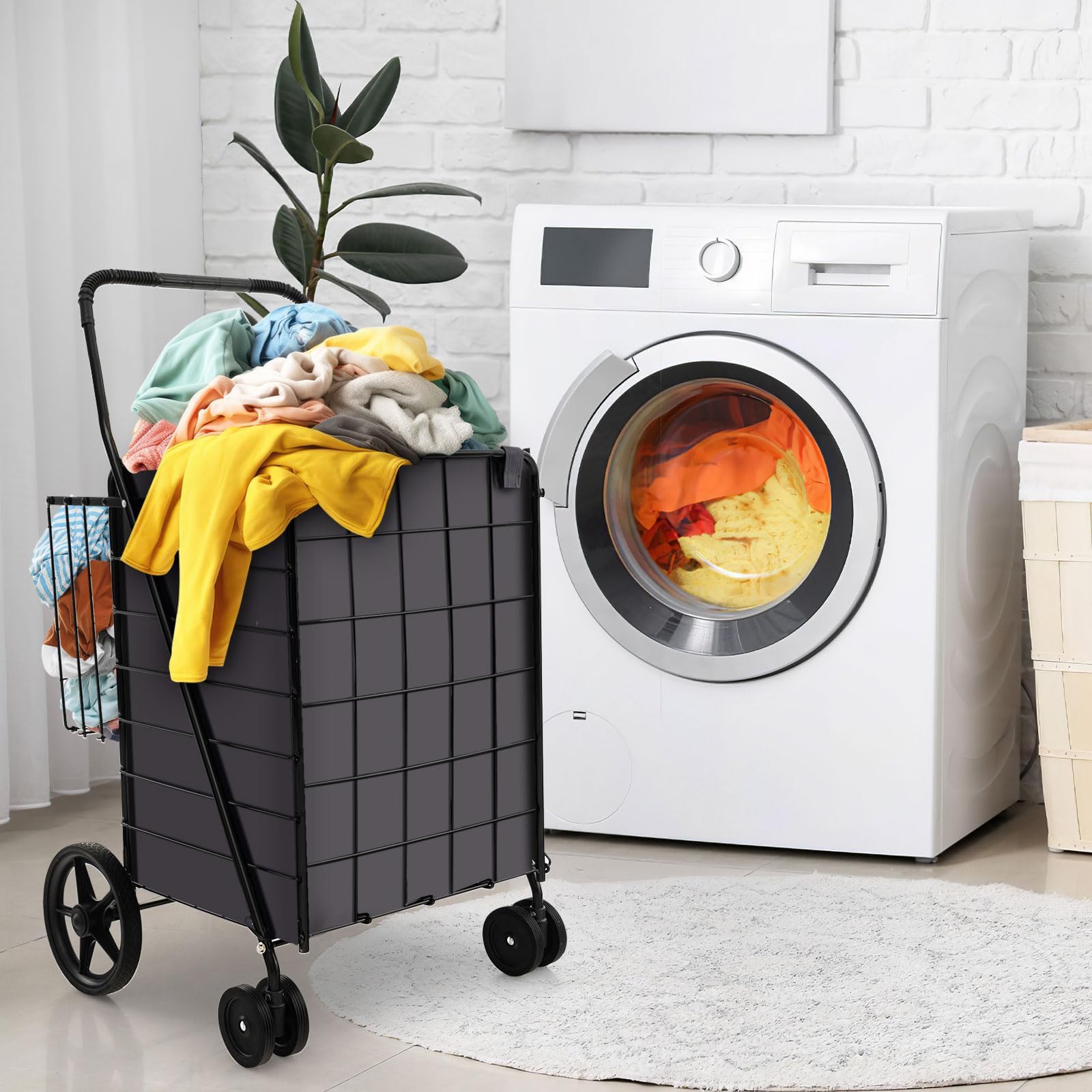 GYMAX Carrello Porta Spesa con Borsa, Carico 40 kg, 100 L + 22 L, 4 Ruote (2 Ruote Universali), Trolley Pieghevole in Metallo, 61 x 60 x 102 cm, Nero