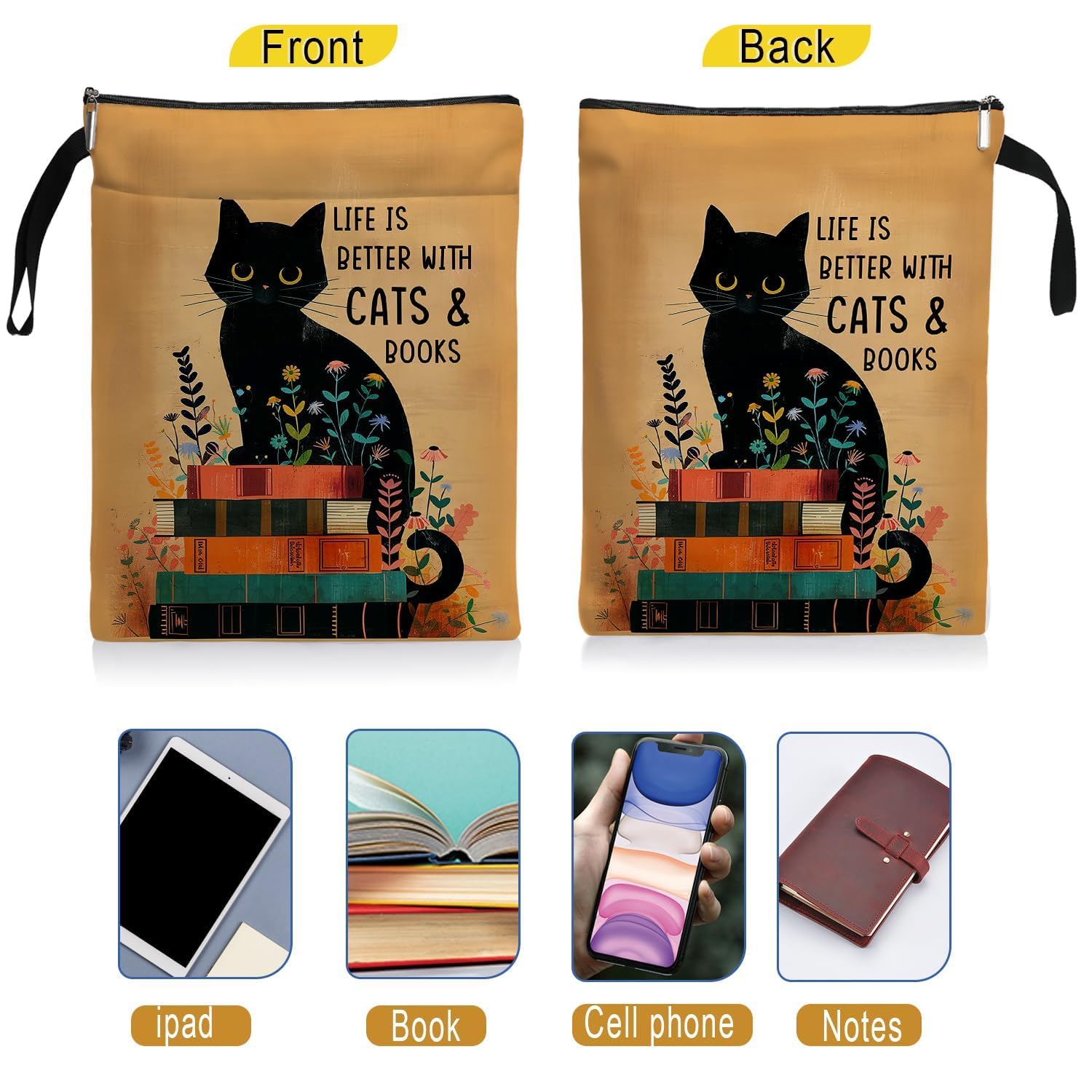 Funda para libro de gatos, fundas de libros para libros de tapa blanda, fundas para libros con cremallera, regalos para amantes de los gatos, regalos temáticos de gatos para mujeres, profesores, hija,