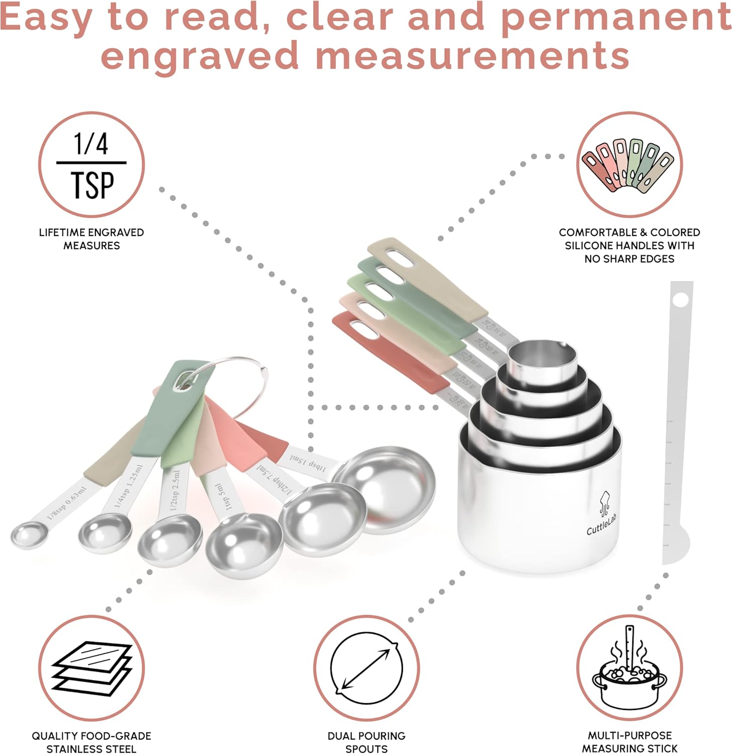 CuttleLab Measuring Cups and Measuring Spoons Set of 14 - Stainless Steel Measuring Cups and Spoons Set, Includes 1/8 Teaspoon Measuring Spoon, 1/8 Cup Measuring Cup, Leveler Dry (14, Country Chic)