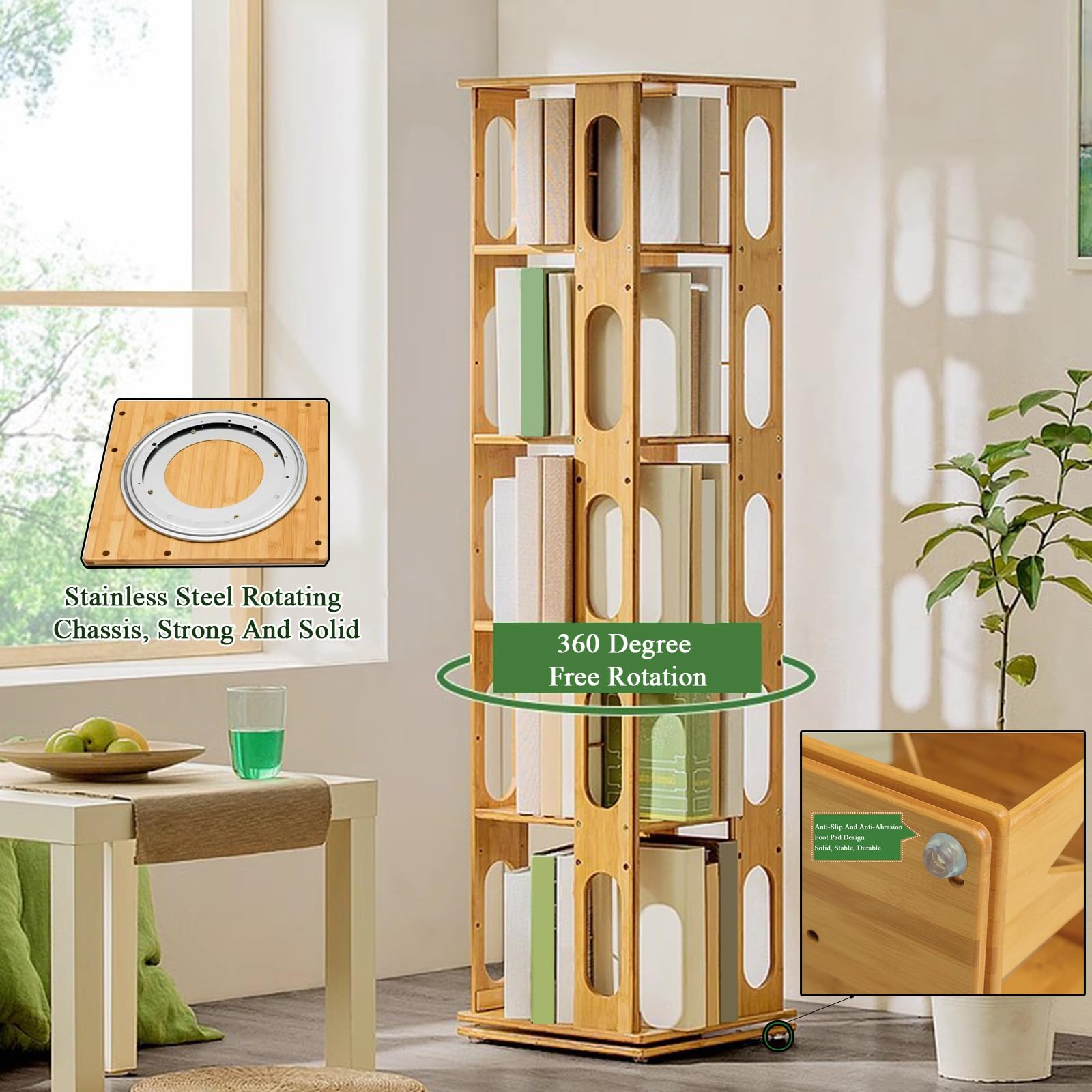 Libreria a torre girevole a 6 ripiani in legno massello, con
