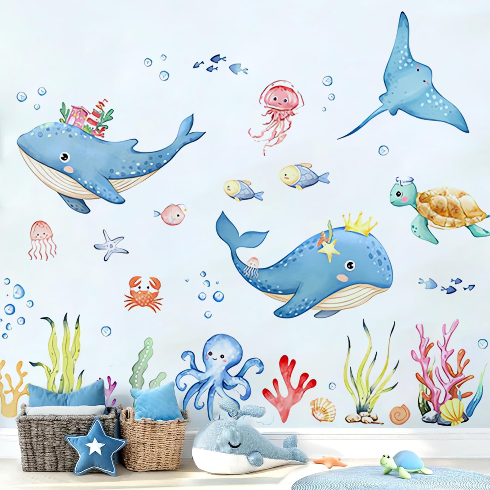 Meerestiere Wandtattoo Meer Sticker Ozean Gross Unterwasserwelt Meerestiere 3d Wandtattoo Badezimmer Geeignet Für Kinderzimmer Badezimmer Wanddekoration Wasserdicht und Feuchtigkeitsbeständig