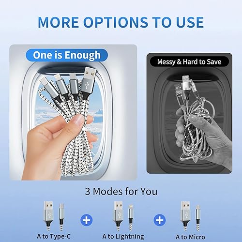 Miniatura 3 de Cable de carga múltiple (paquete de 2 unidades de 4 pies), cargador multiUSB 3 en 1, cable de carga rápida trenzado de nailon con tipo C, micro USB,