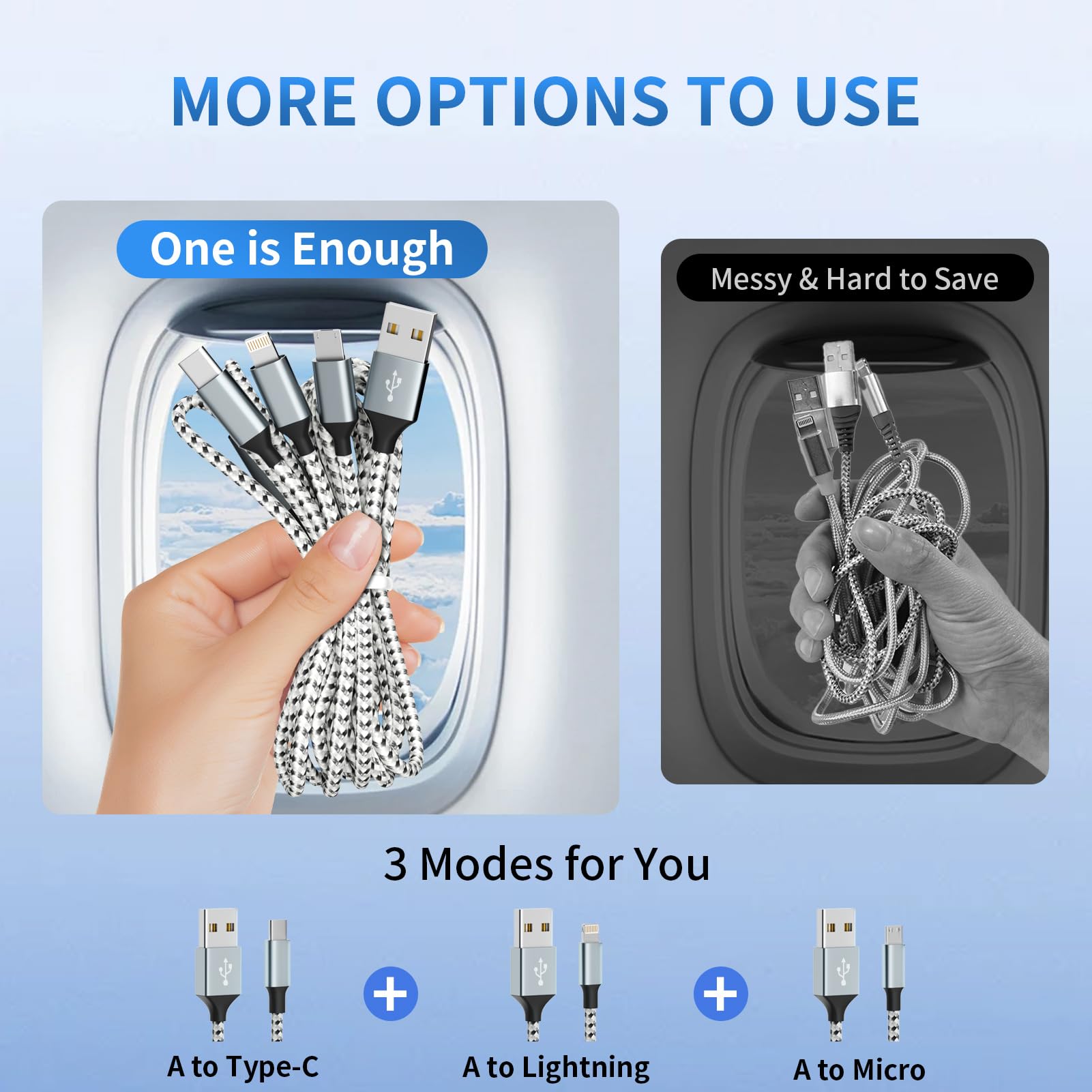 Multi-Ladekabel, 2 Stück, 1,2 m, Multi-USB-Ladekabel, 3-in-1-Ladekabel, Nylon, geflochtenes Schnellladekabel mit Typ-C, Micro-USB, Lightning, IP-Port für die meisten Handys/iPads/iPhones/Tablets