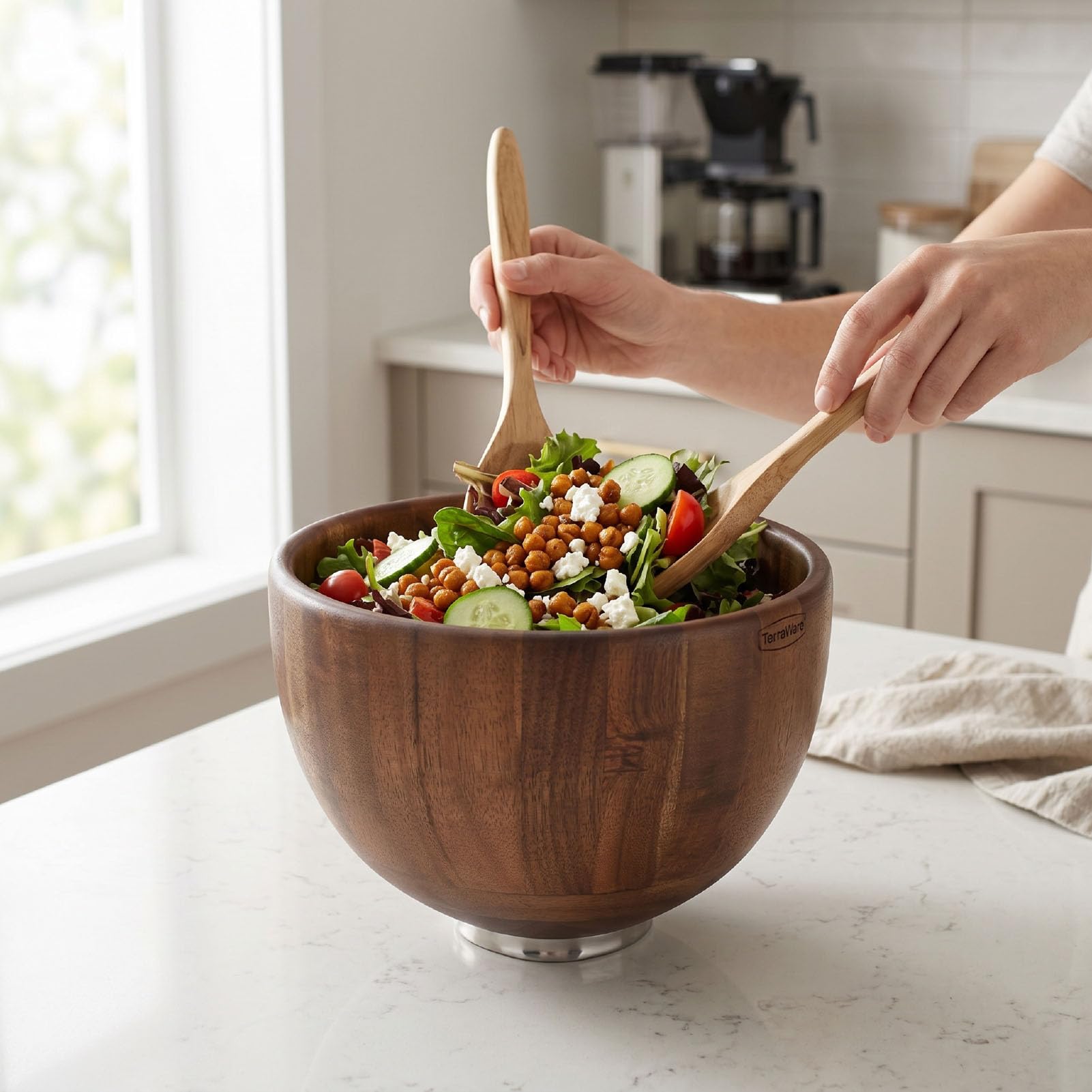 Bewinner Ensaladera de Madera Maciza con Base de Acero Inoxidable, Ensaladera de Madera Hecha a Mano para Cocina, Masa y Batidora de Pie, Gran Capacidad de 4,5 Litros